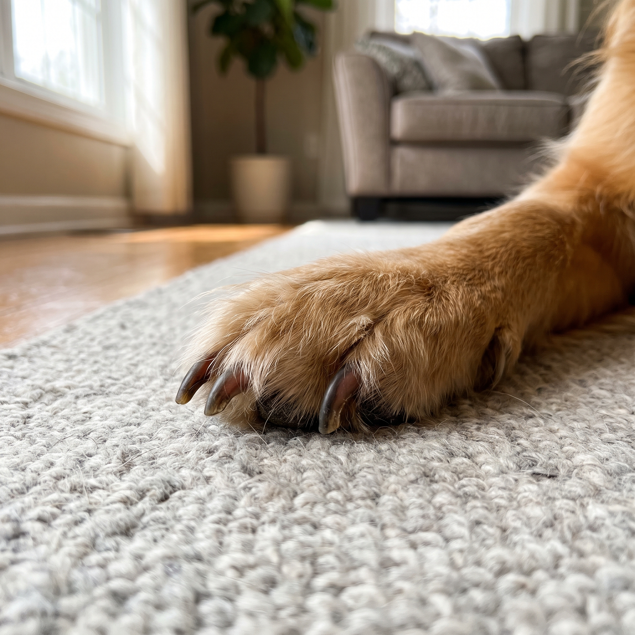 Golden Retriever front paw on a living-room rug with long overgrown nails overdue for trimming
