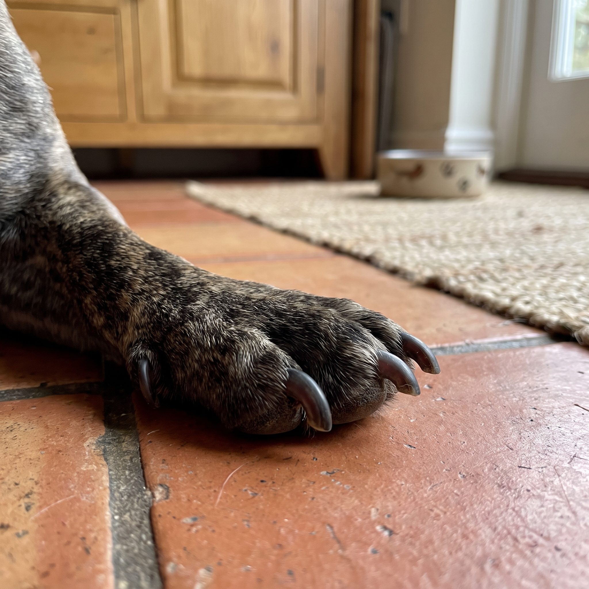 French Bulldog paw on a kitchen floor with long, dark, curling nails
