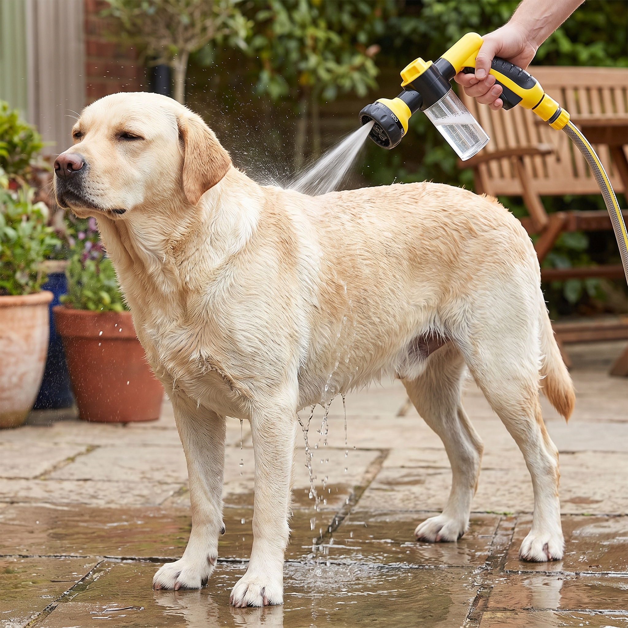 Same Labrador standing calm on the patio while the high-pressure sprayer reaches the skin through the coat