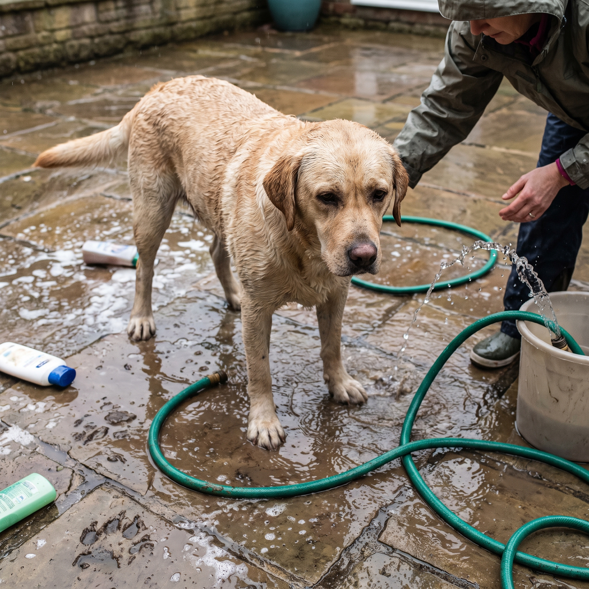 Soaked, stressed yellow Labrador on a patio with a weak trickling old hose