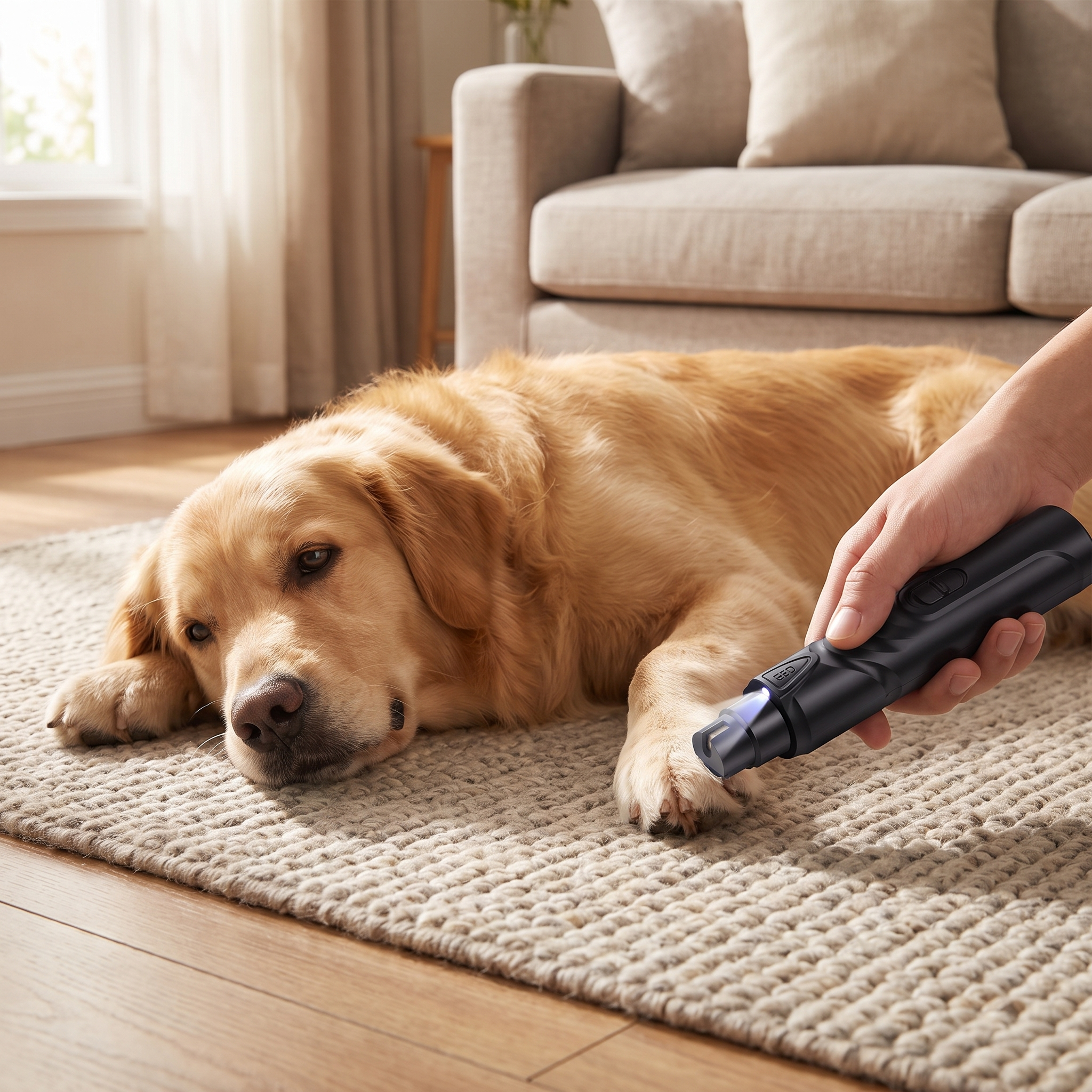 Same Golden Retriever lying calmly while its short, neat nails are filed with the LED nail grinder