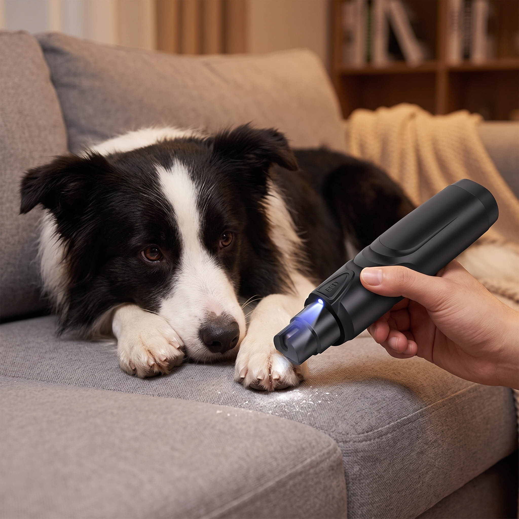 Same Border Collie relaxed on the couch while its short nails are filed with the LED nail grinder