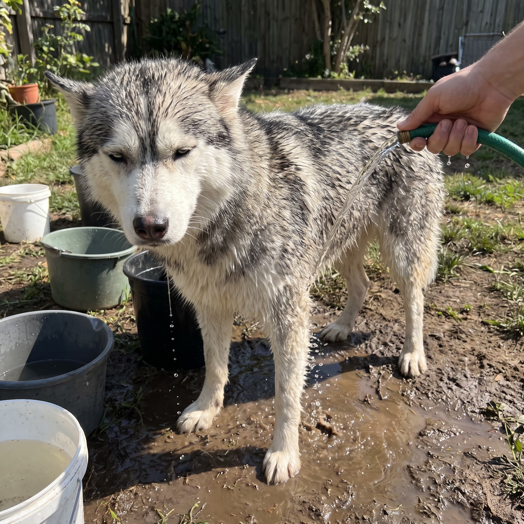 Soaked, muddy Siberian Husky in a backyard with an inadequate weak hose