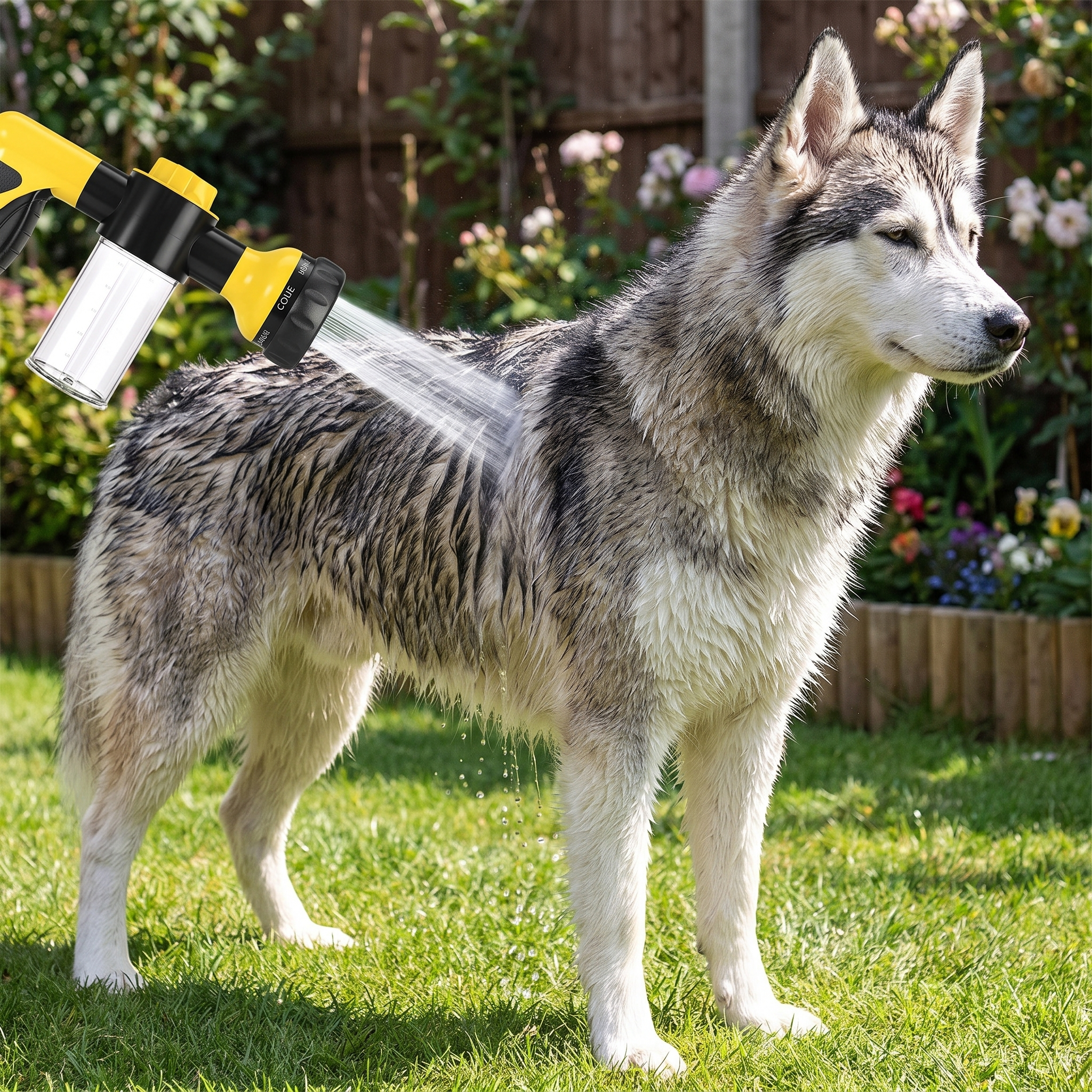 Same Husky standing calm in the garden as the high-pressure sprayer cuts through the thick double coat