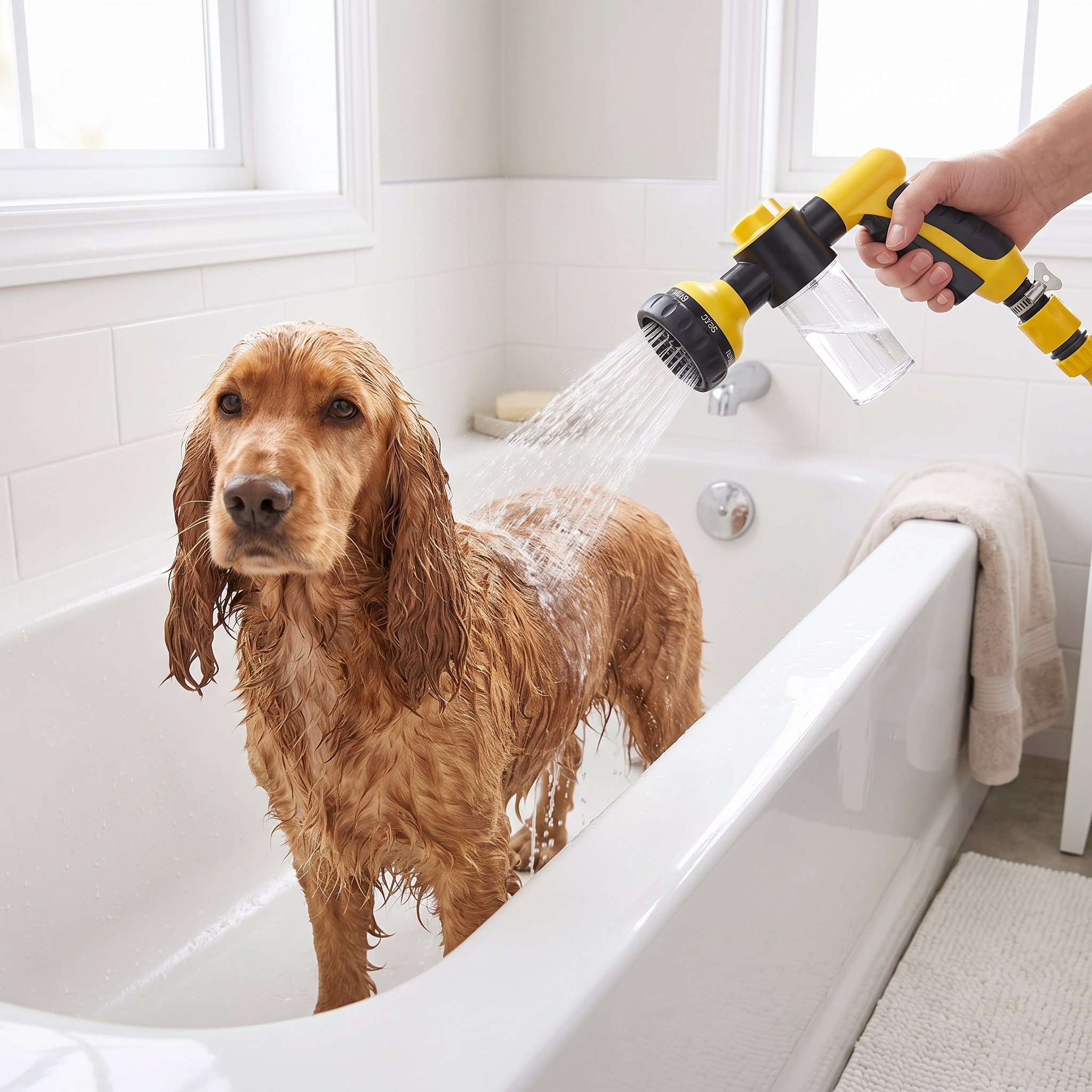 Same Cocker Spaniel calm in a tidy tub as the high-pressure sprayer rinses water down to the skin