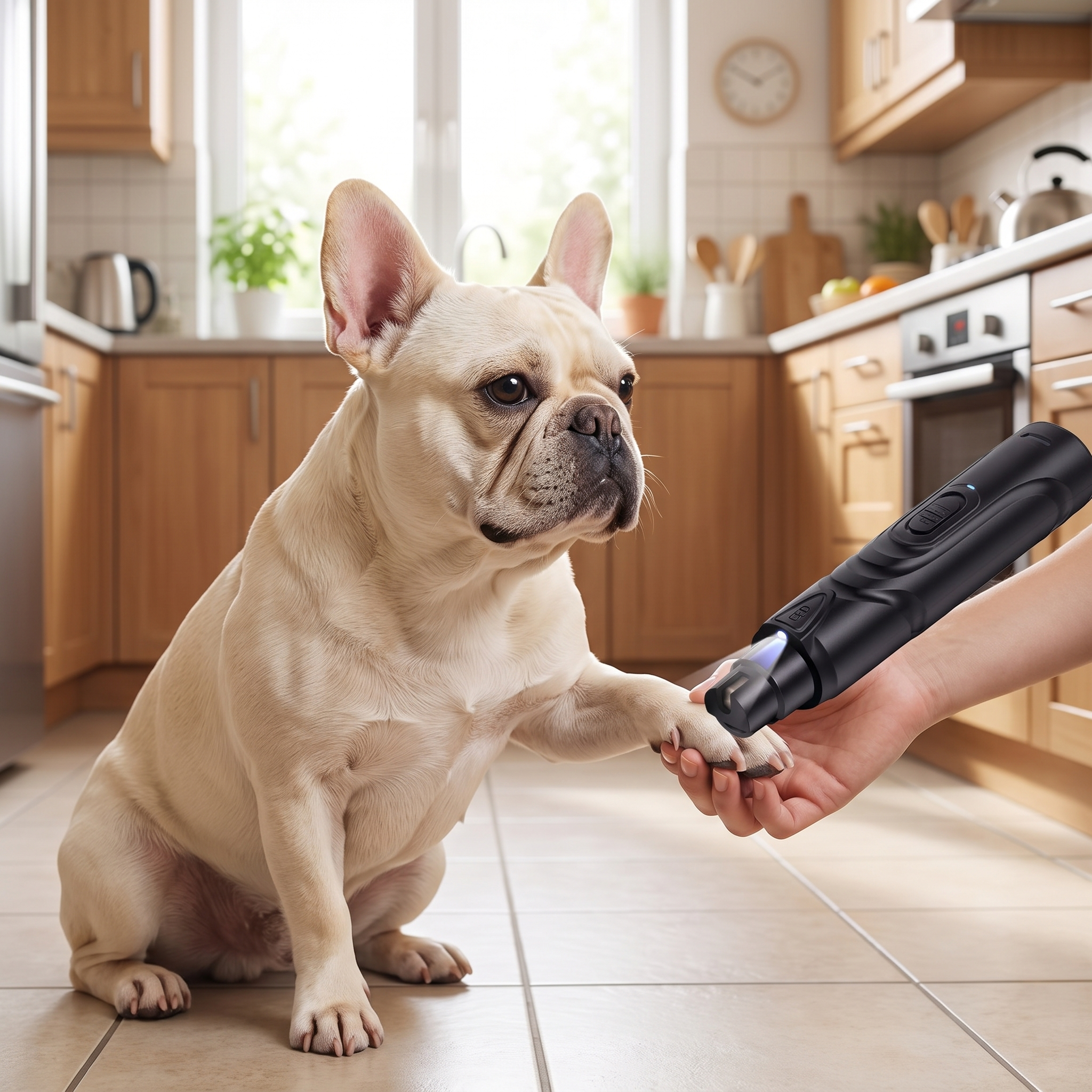Same French Bulldog sitting calmly and offering a paw for a short, neat grind with the nail grinder