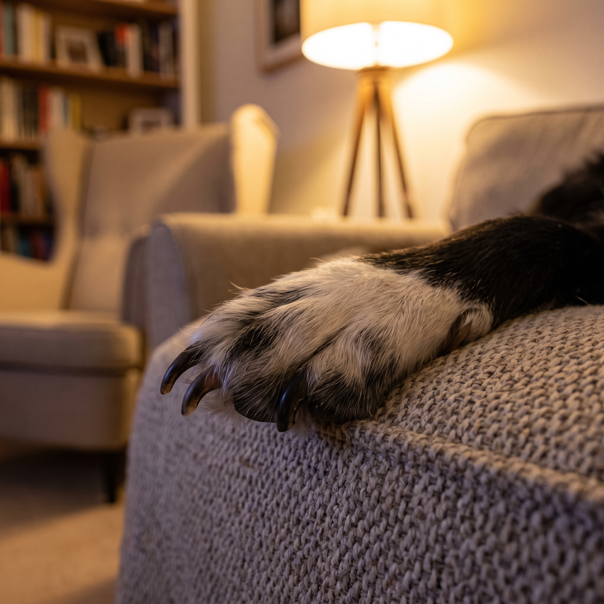 Border Collie paw resting on a couch with long overgrown nails