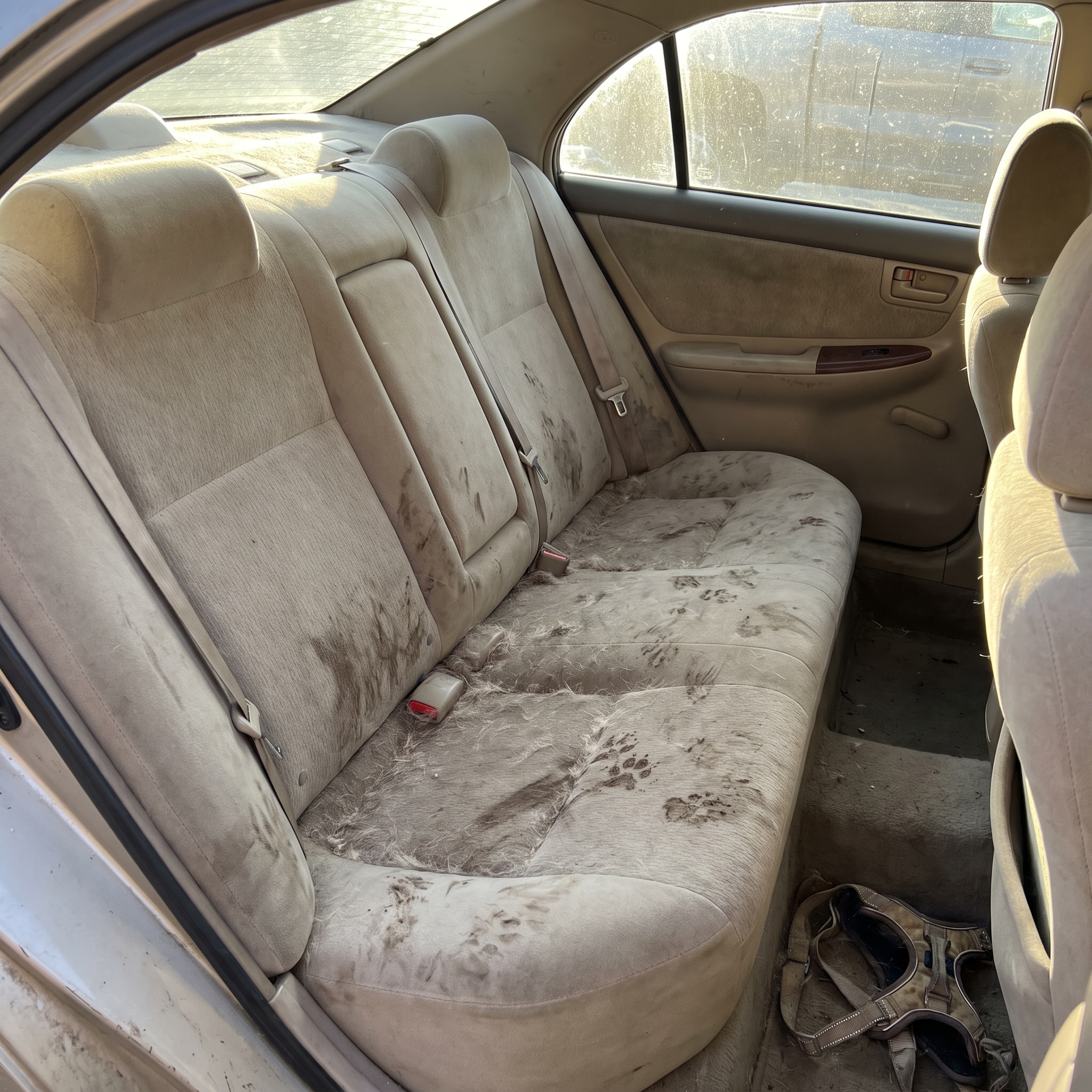 Sedan back seat with beige fabric covered in dog fur, muddy paw prints and dirt, no cover