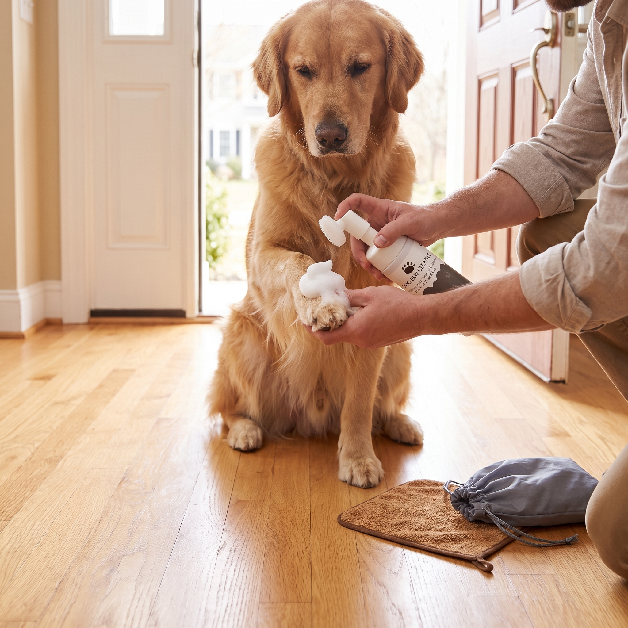 Owner using the no-rinse paw cleaner foam on the same golden retriever's paw at the door, floor spotless