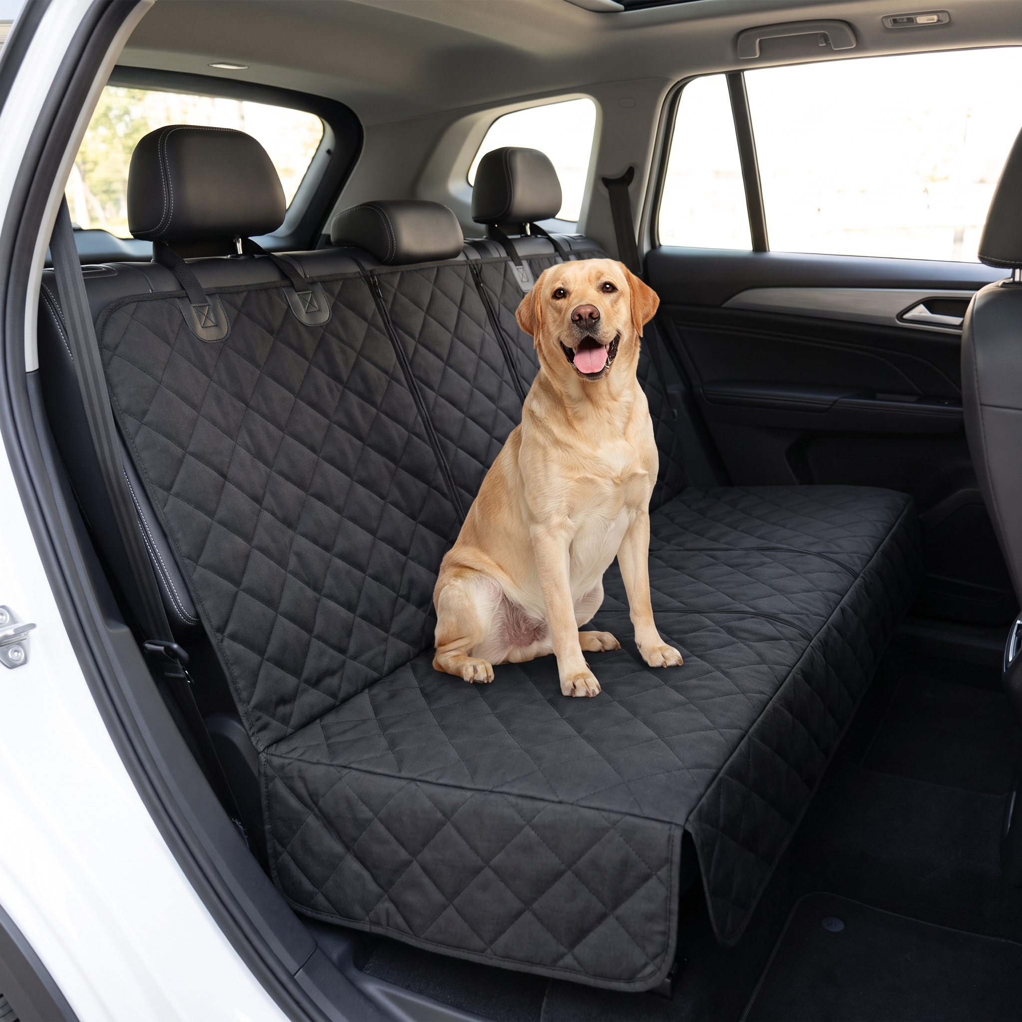 Same SUV back seat fully covered by the waterproof black hammock cover with a Labrador riding on the clean cover