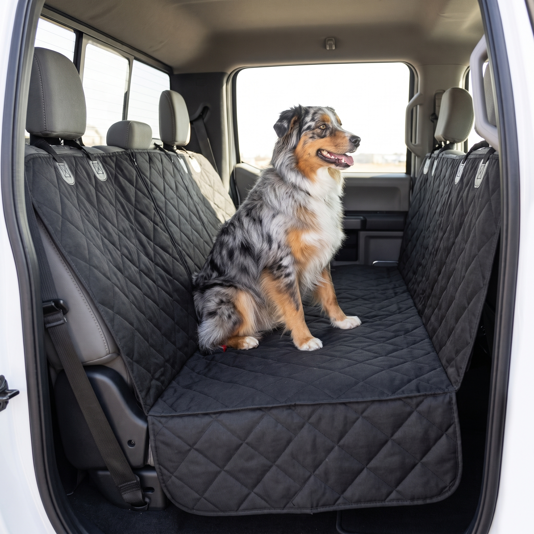 Same pickup truck crew cab back seat covered by the waterproof black hammock cover with an Australian Shepherd riding safely