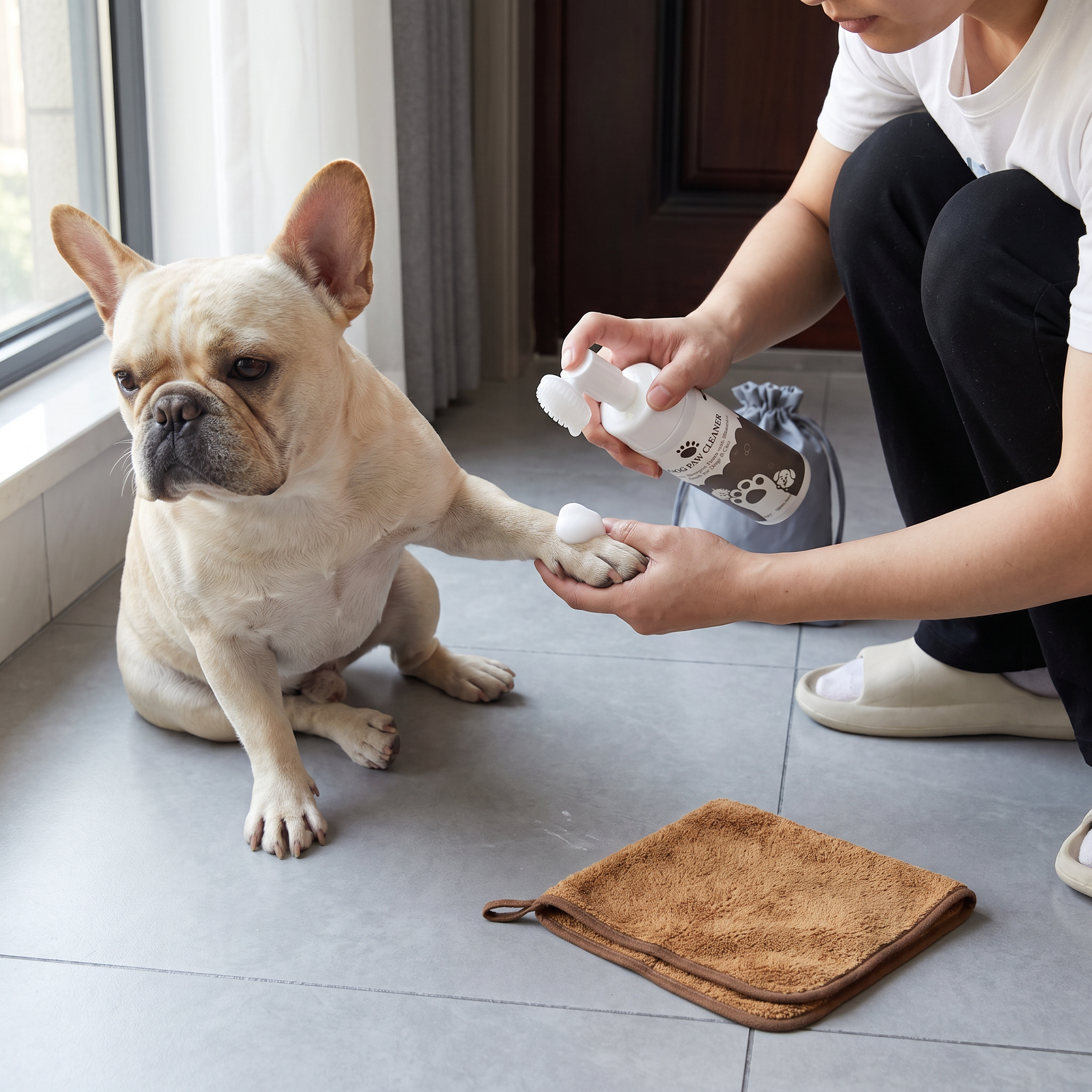 Owner cleaning the French Bulldog's paw with the no-rinse foam over spotless grey tile, towel and travel bag nearby