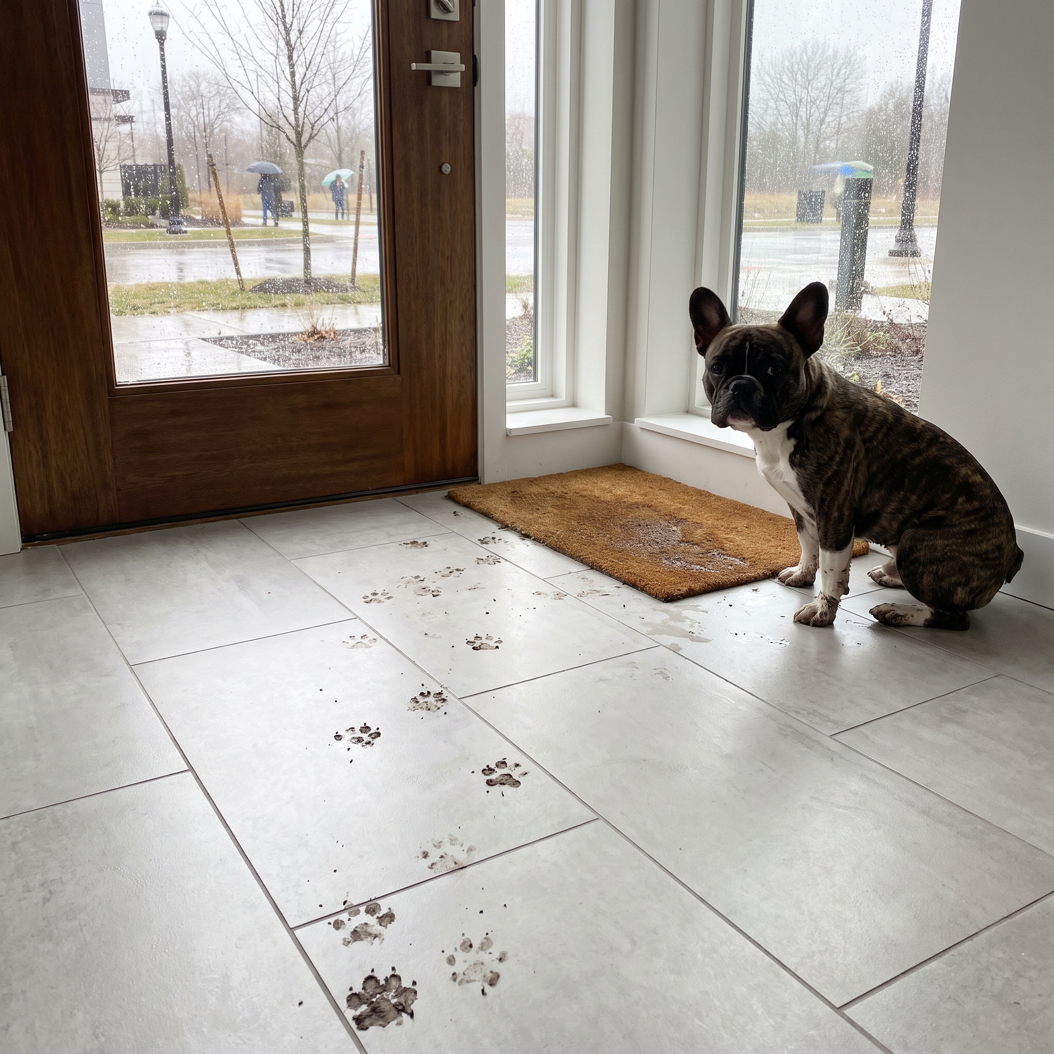 French Bulldog by the door with muddy paw prints tracked across clean grey tile