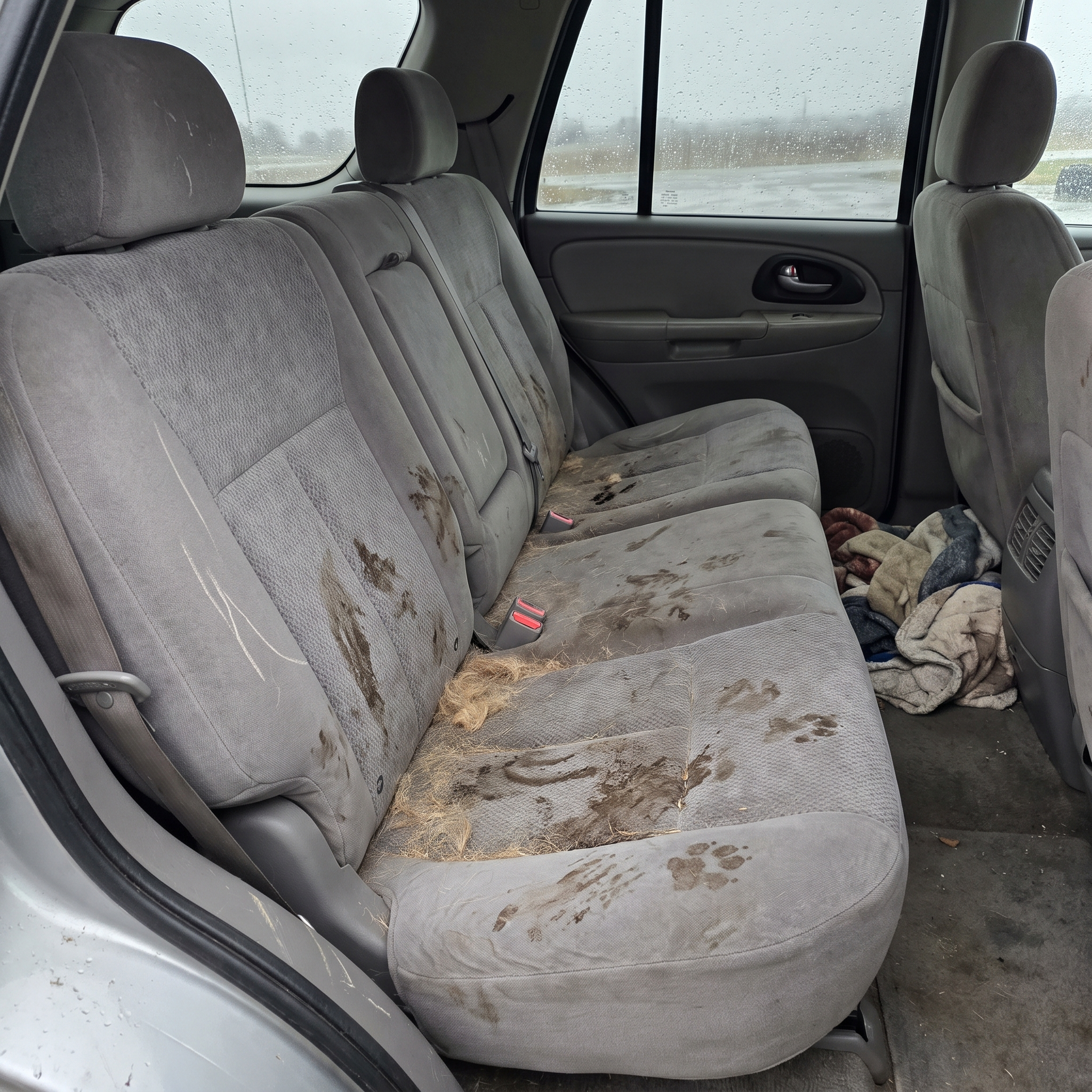 SUV back seat with bare upholstery covered in dog hair, dried mud and muddy paw prints, no cover installed