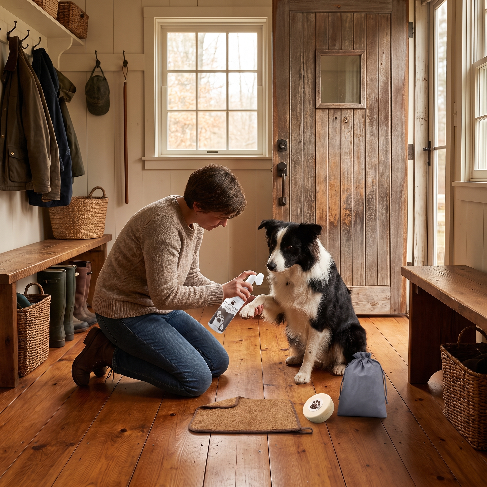 Owner kneeling to clean the Border Collie's paw with the no-rinse foam in the mudroom, plank floor clean