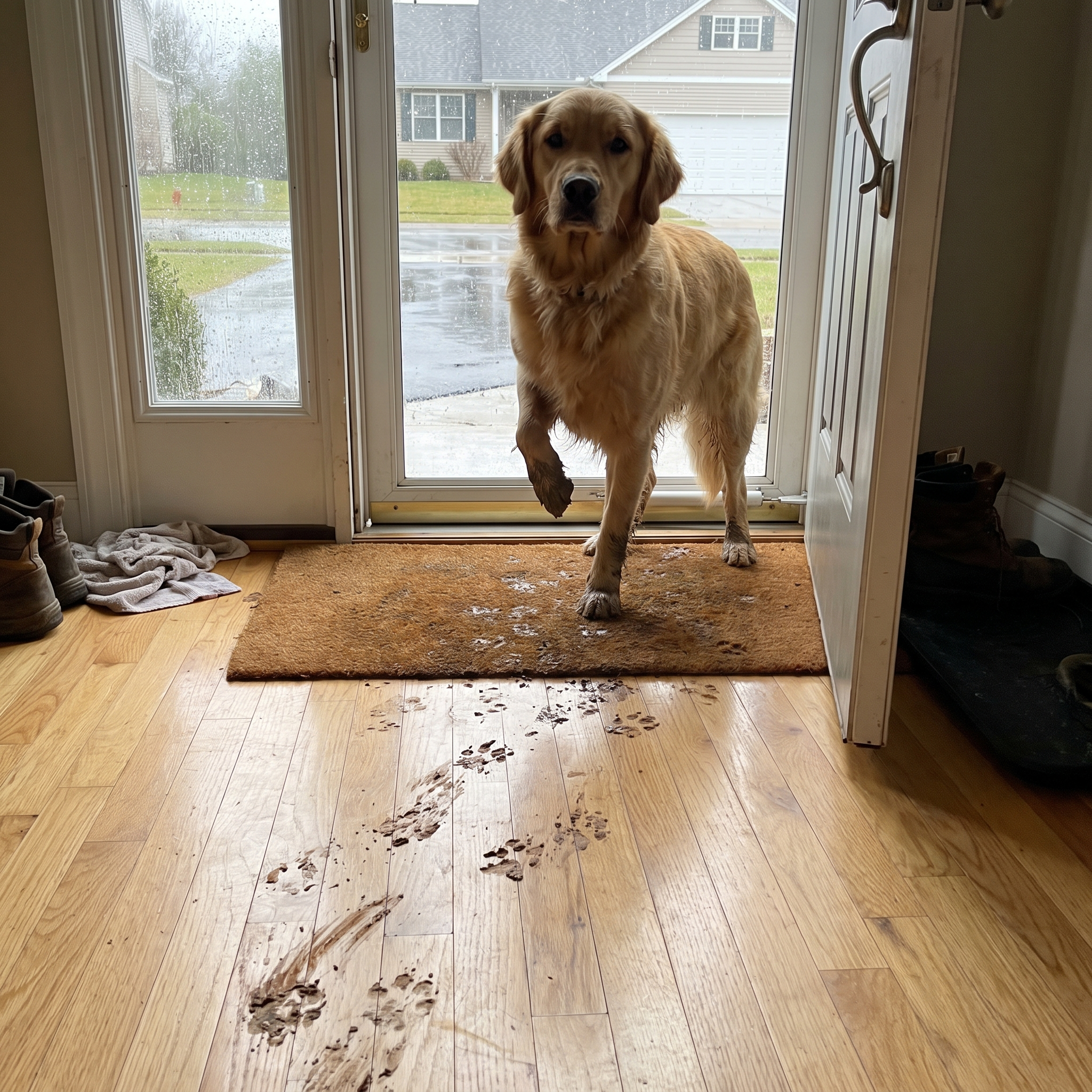 Golden retriever at the front door tracking muddy paw prints across a clean hardwood floor on a rainy day