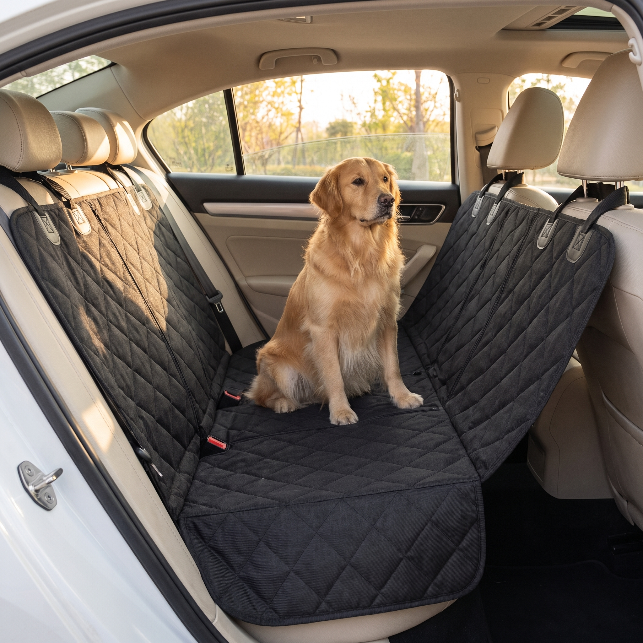 Same sedan back seat covered by the waterproof black hammock cover with a golden retriever sitting on the clean cover