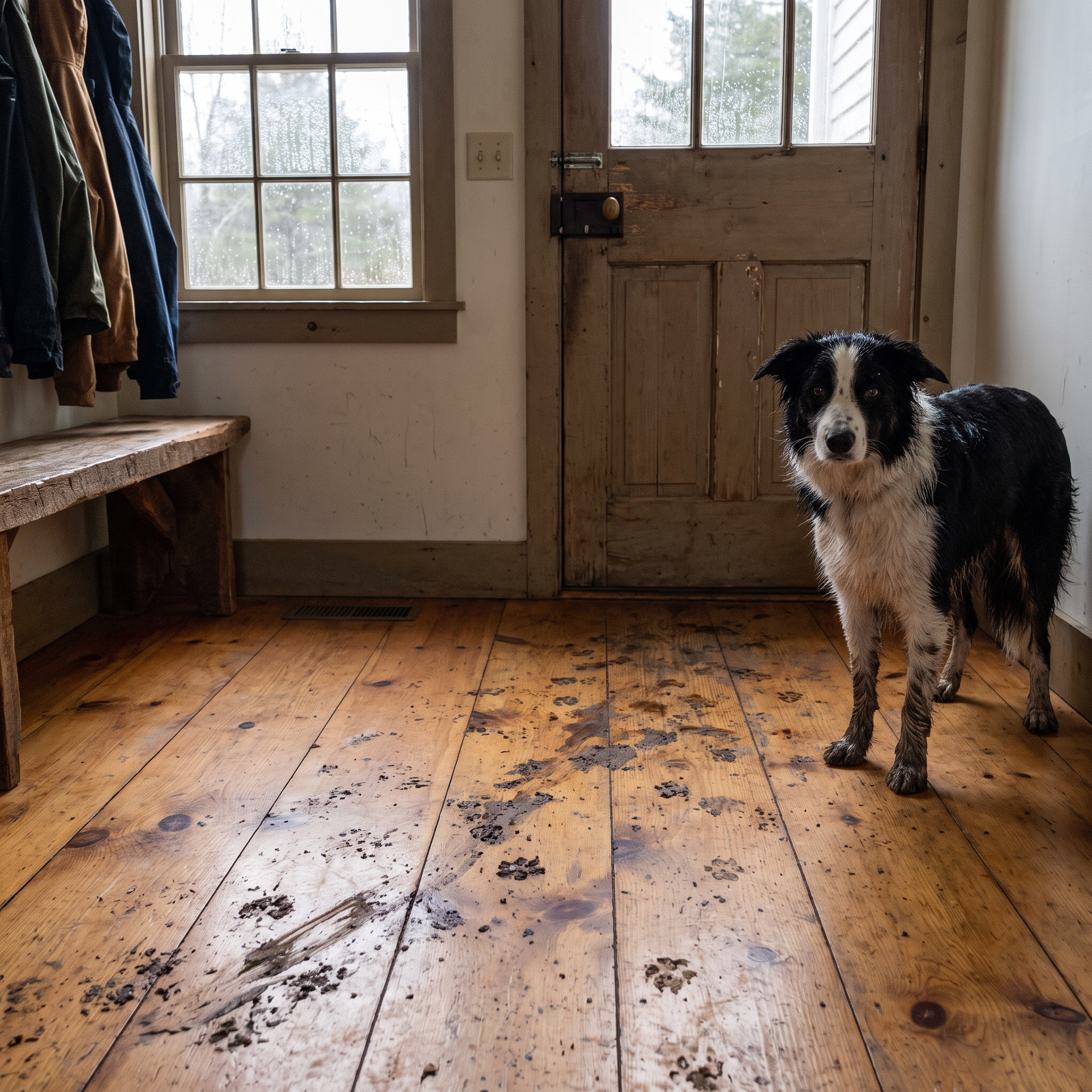 Border Collie in a rustic mudroom with muddy paw prints smeared across the wood plank floor