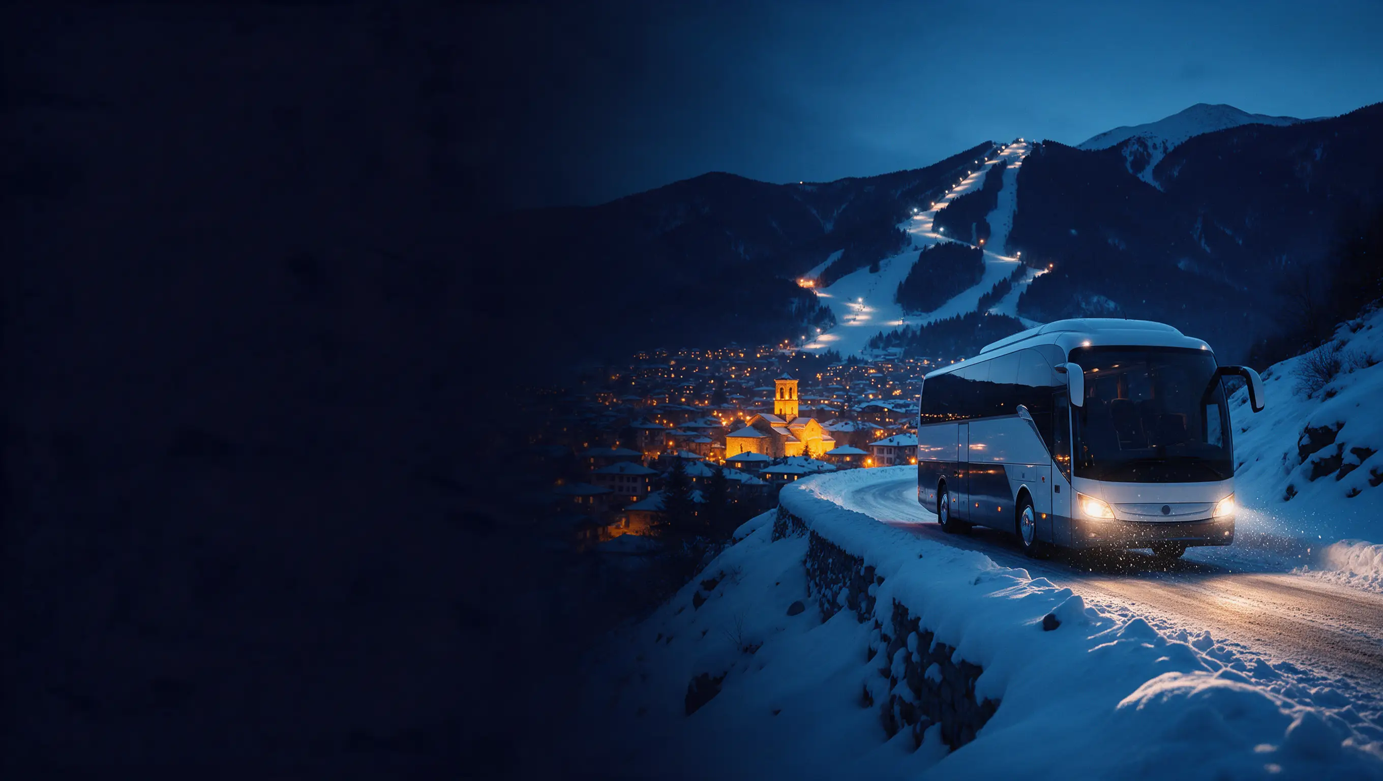 Snowbus σε χιονισμένη διαδρομή προς το φωτισμένο Μπάνσκο