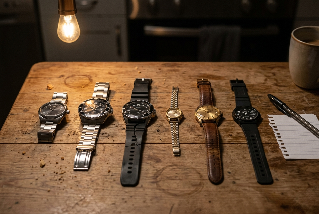 Six watches laid in a row on a kitchen table under a pendant light, a phone with a short list beside them