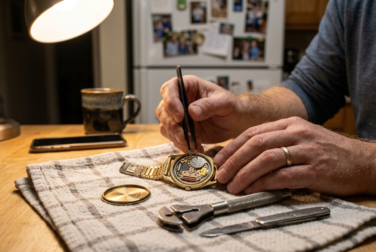 A man's hands at a kitchen table at night, an old watch face-down on a dish towel with its case back off, a three-prong opener beside it