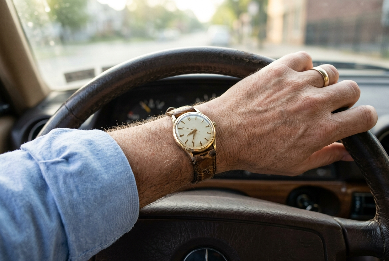 An older gold-tone watch on a man's wrist, shirt cuff pushed back, morning light