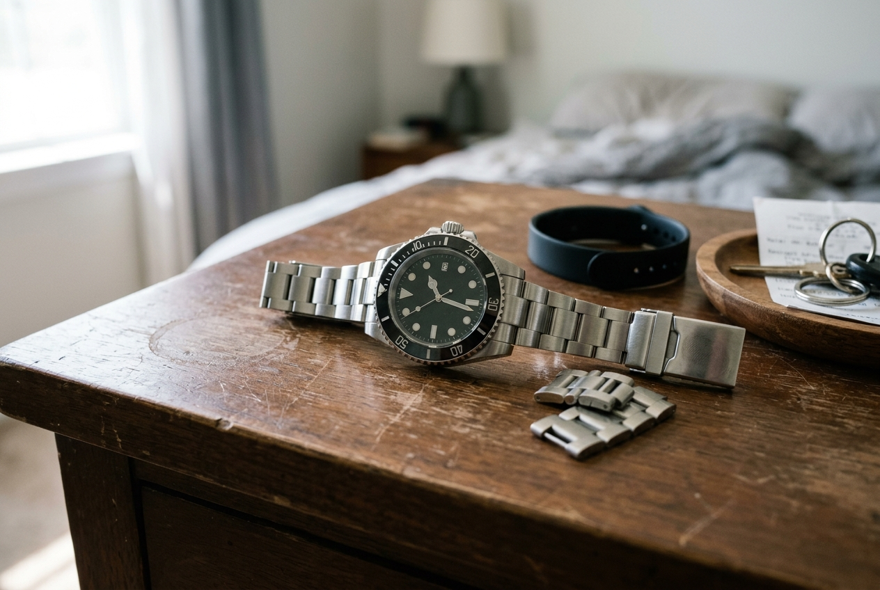 A new dive watch on a dresser with its bracelet splayed open too wide, next to a fitness band