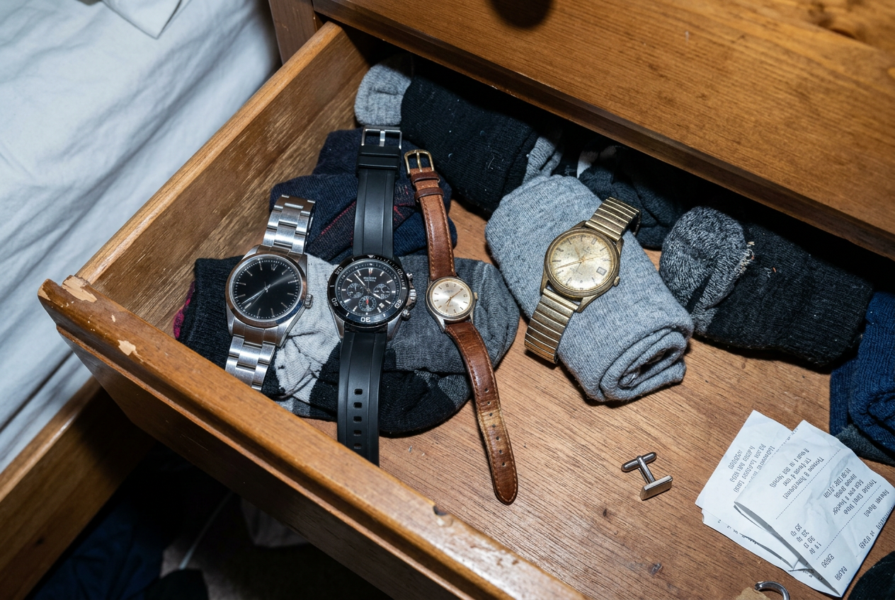 An open dresser drawer with four watches in it, one resting on a rolled sock