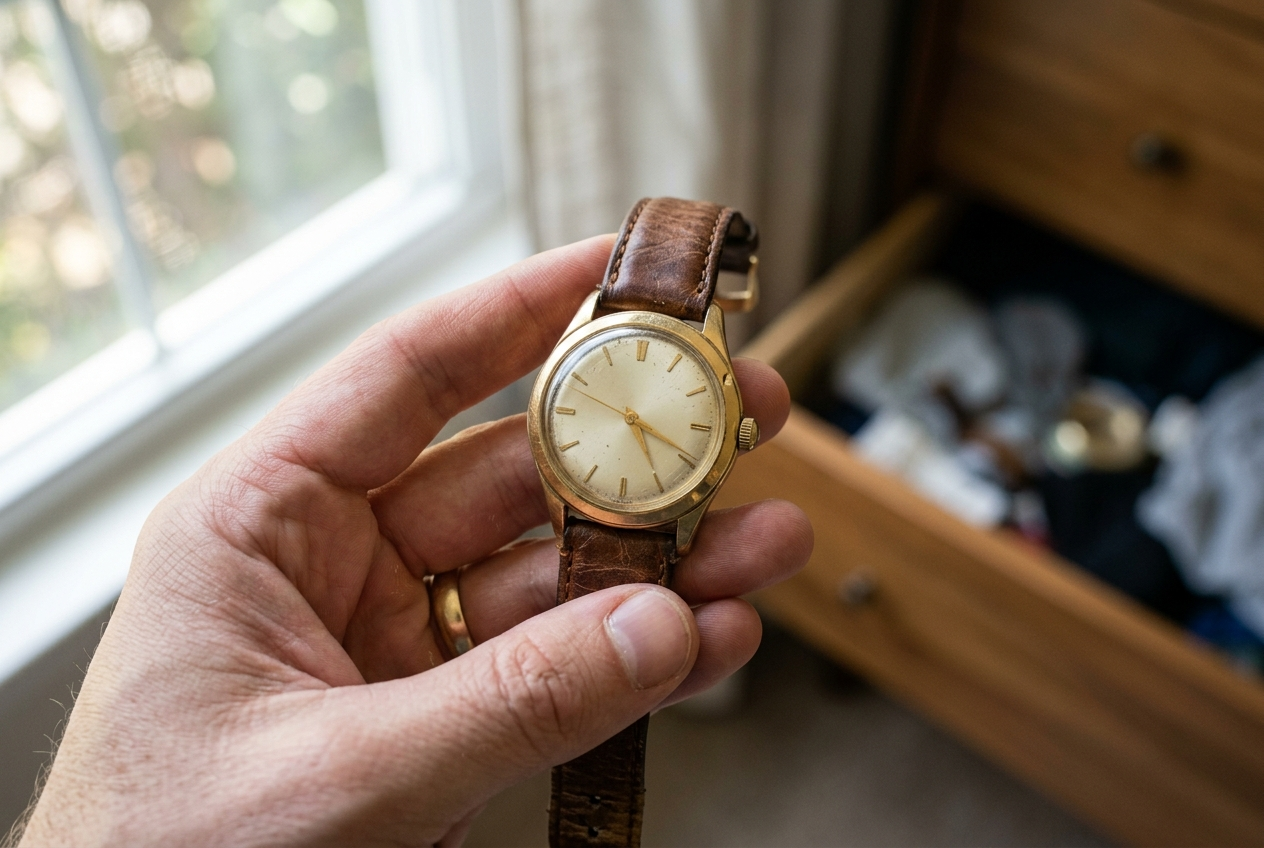 A hand holding an older gold-tone watch with its hands stopped, an open dresser drawer soft in the background