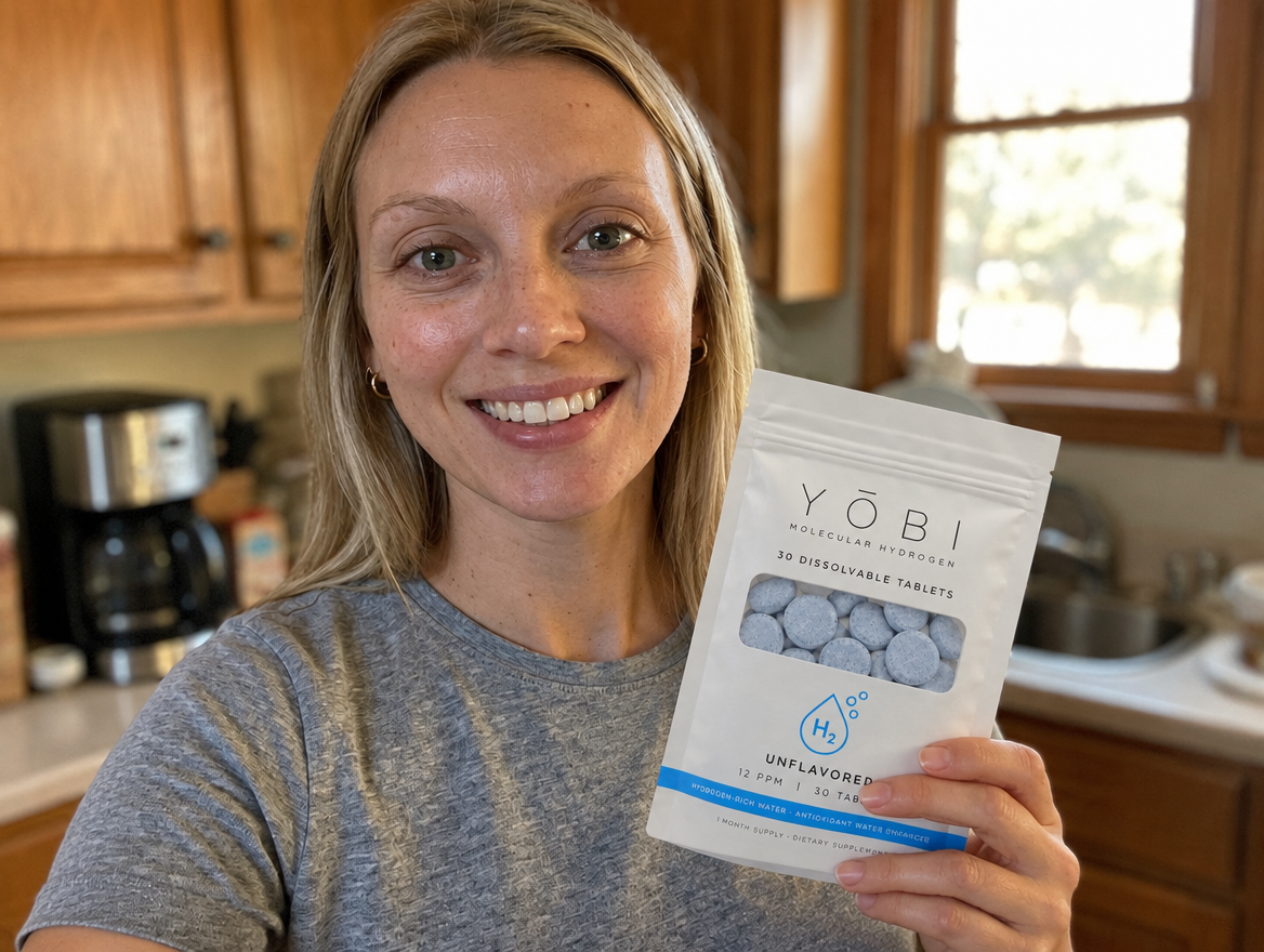 Jenna holding her YŌBI pouch in her kitchen
