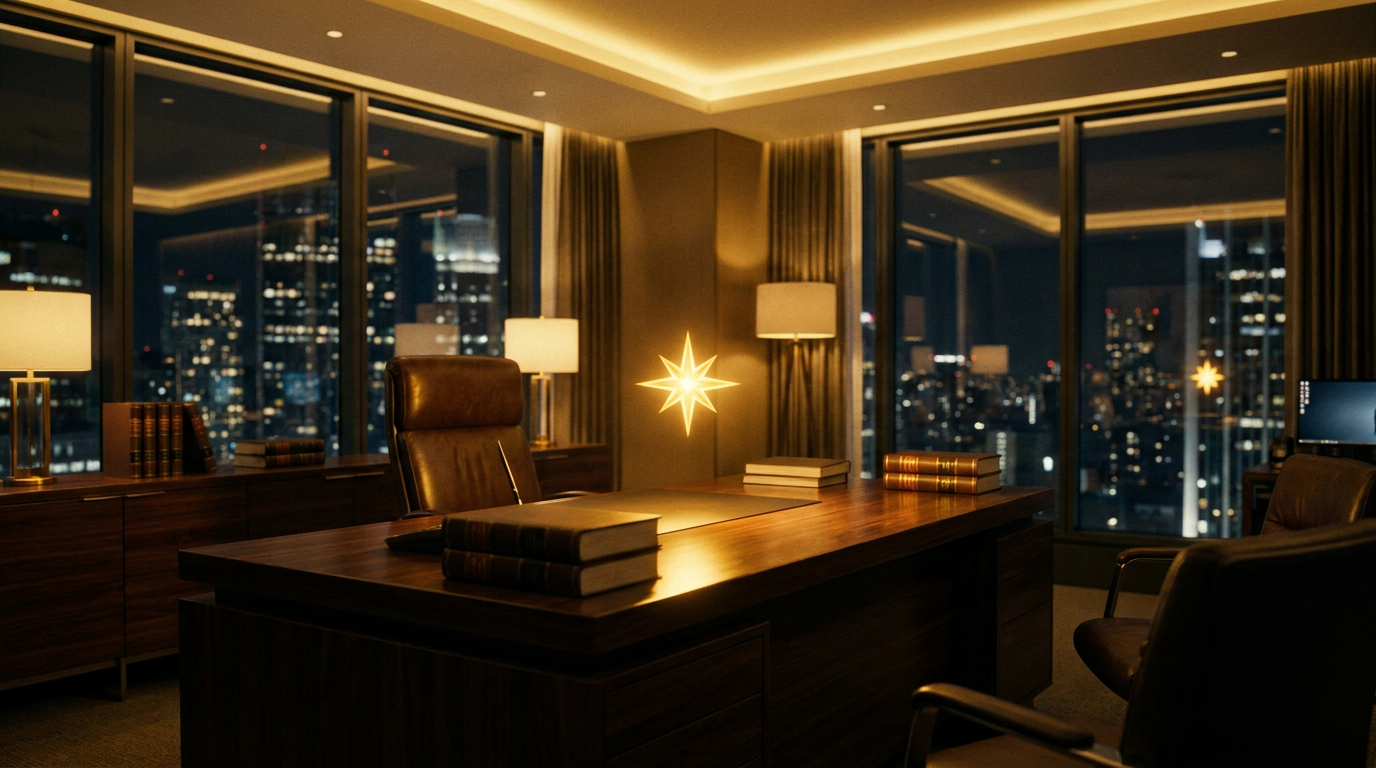 Law firm office at night — the star working late