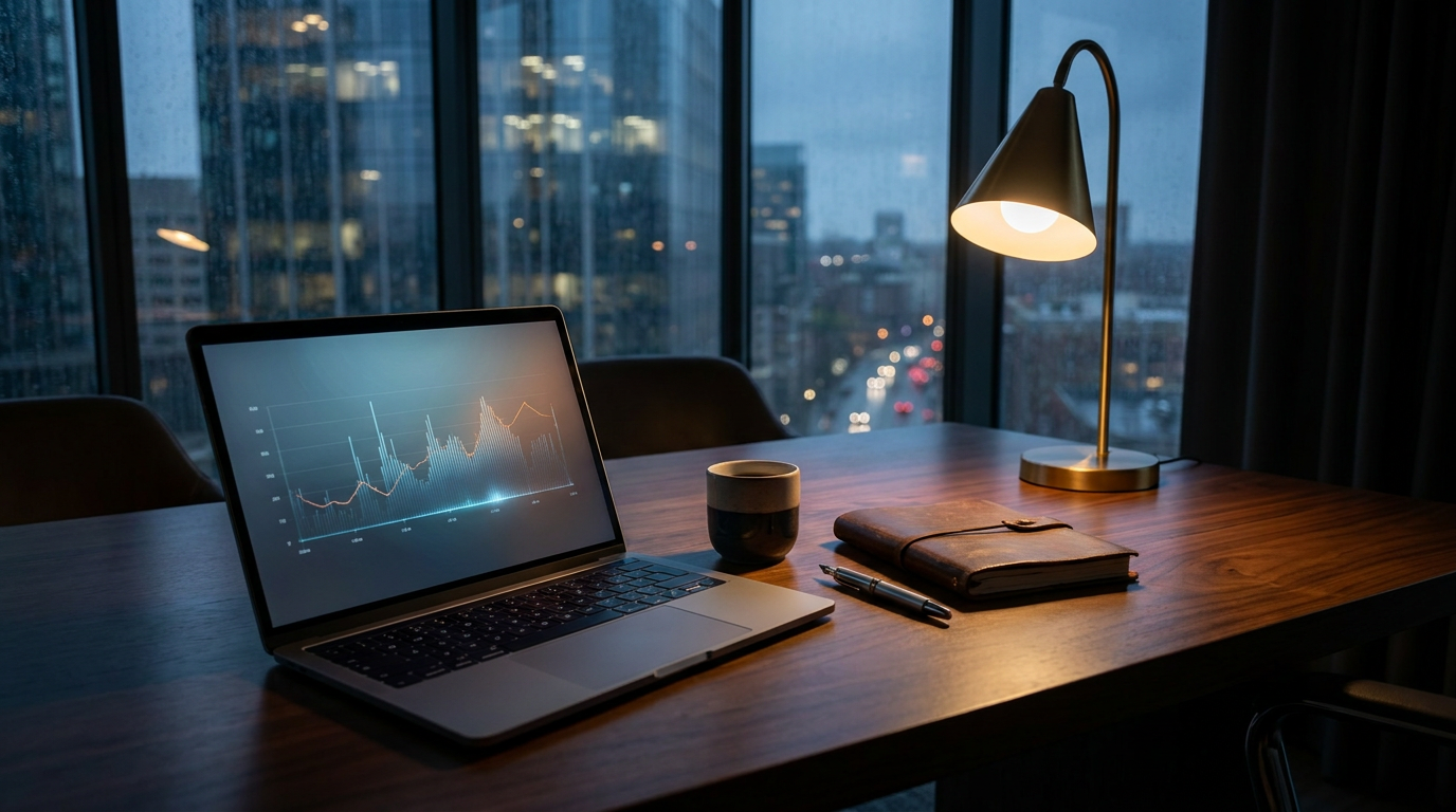 A founder's command-center workspace at night