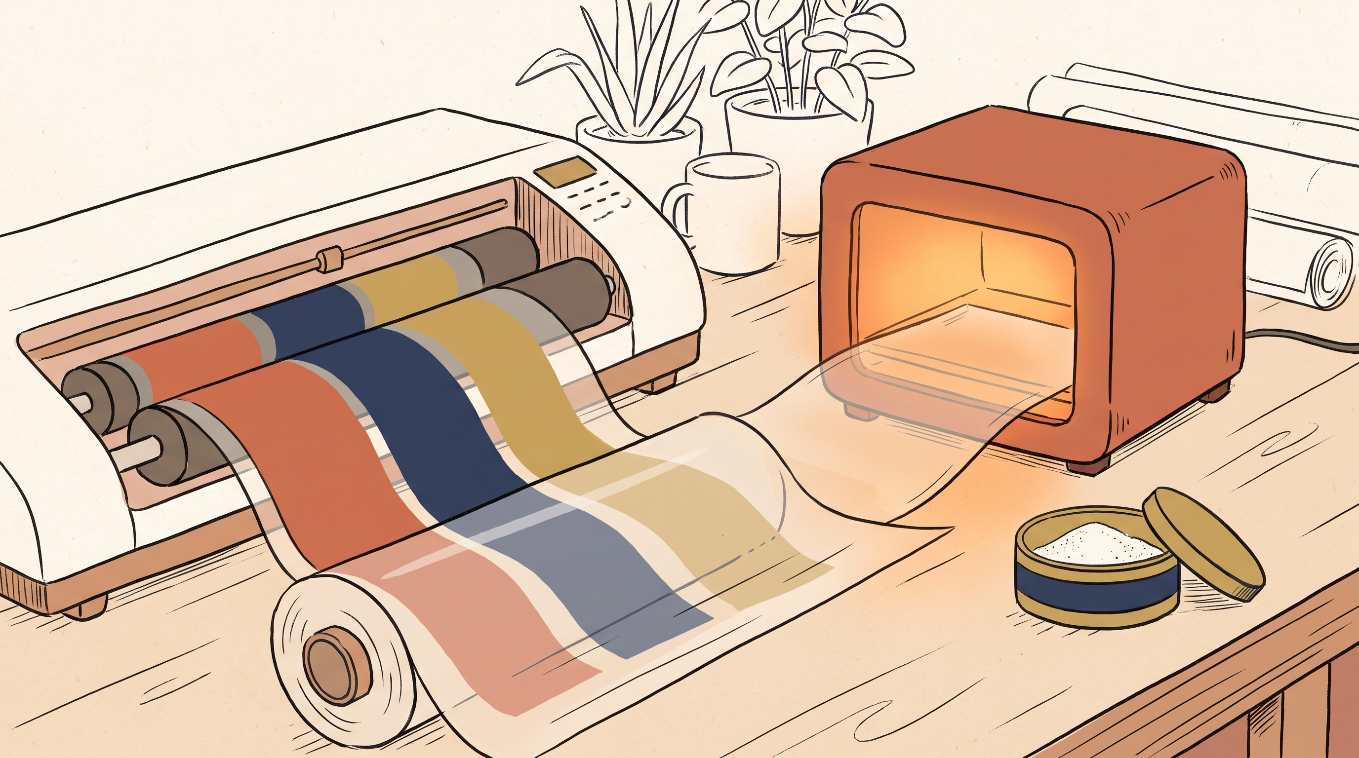 A close-up of a wide-format printer laying colorful ink onto a clear film roll, with a small curing oven and a container of fine adhesive powder nearby