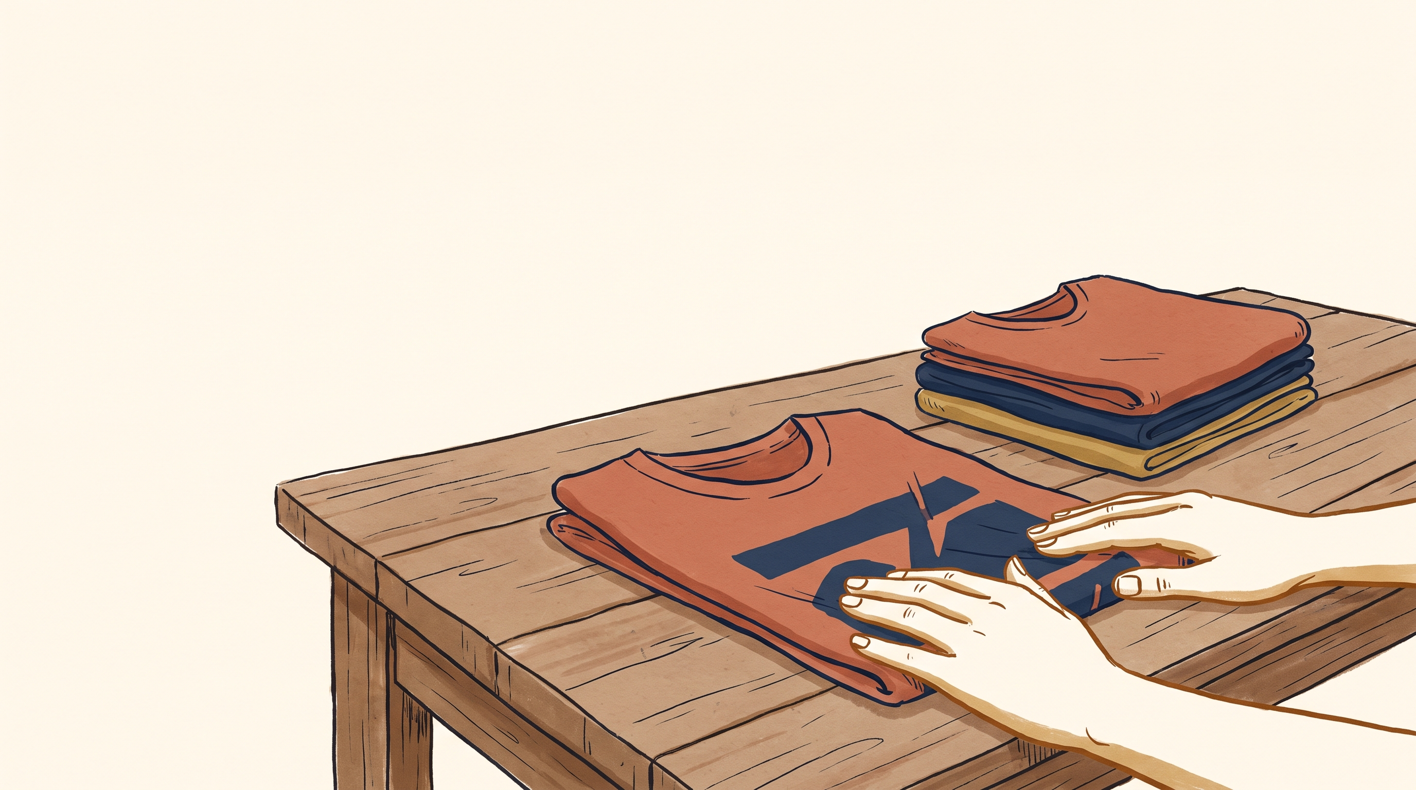 Two hands carefully inspecting and folding a finished printed t-shirt on a wooden table, with a small neat stack of folded shirts beside it