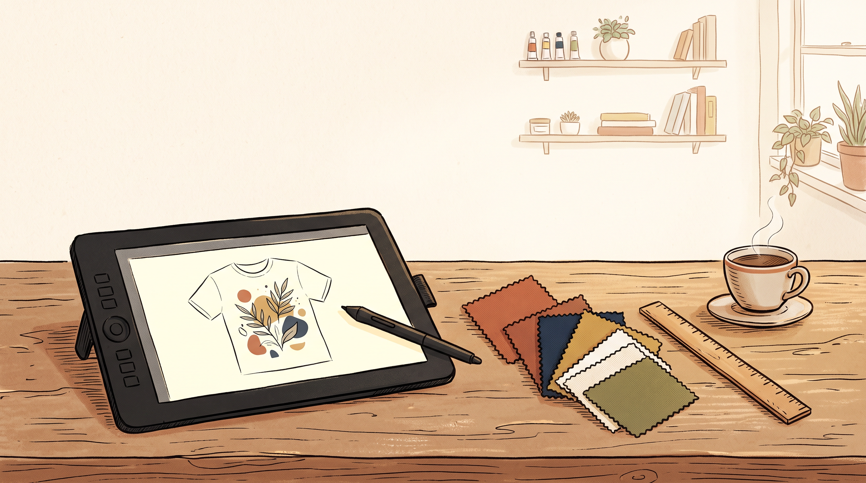 A wooden desk with a drawing tablet showing a half-finished t-shirt design sketch, fabric color swatches, a ruler, and a cup of coffee
