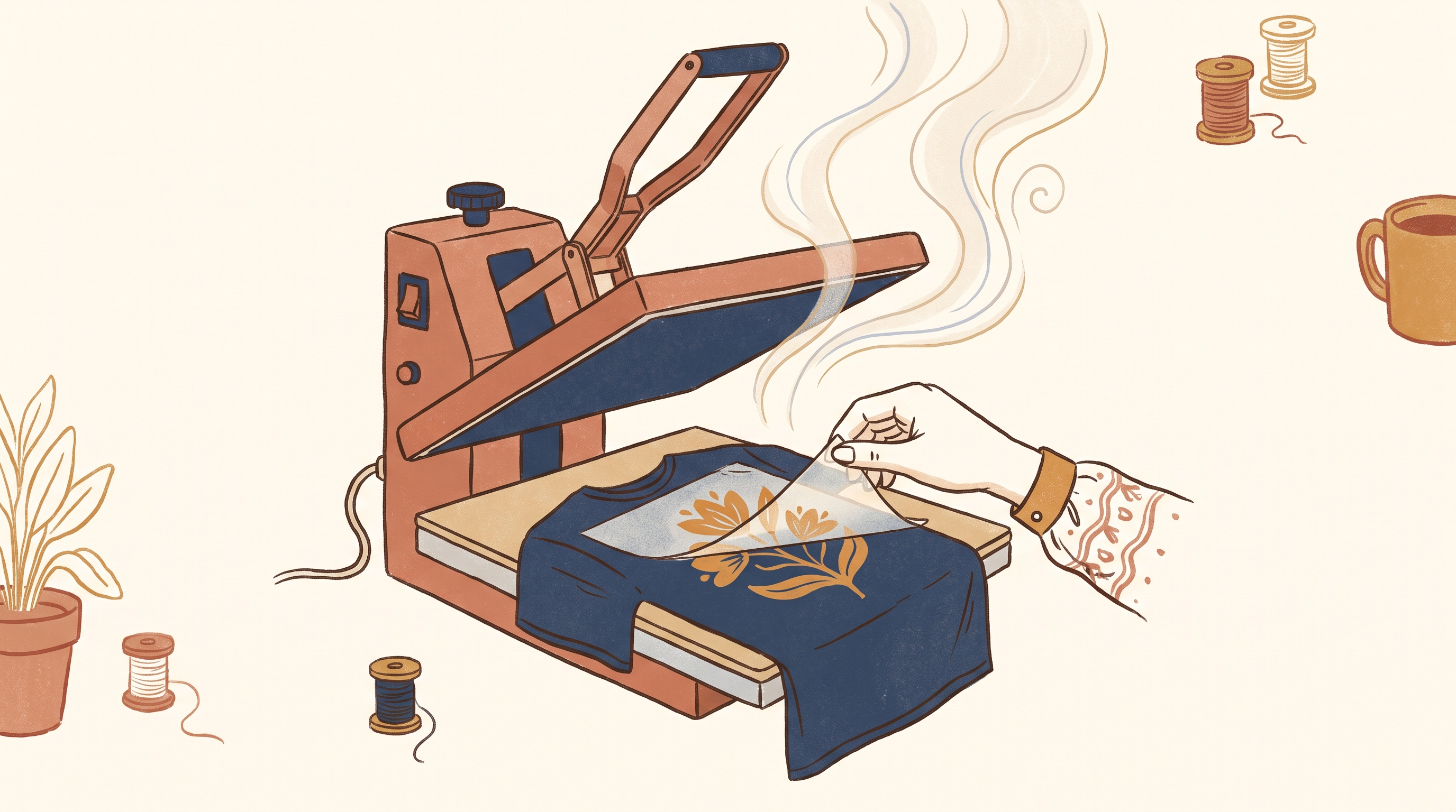A heat press machine mid-press with a folded shirt inside, soft steam rising, and a hand peeling back a corner of the transfer film to reveal the finished design