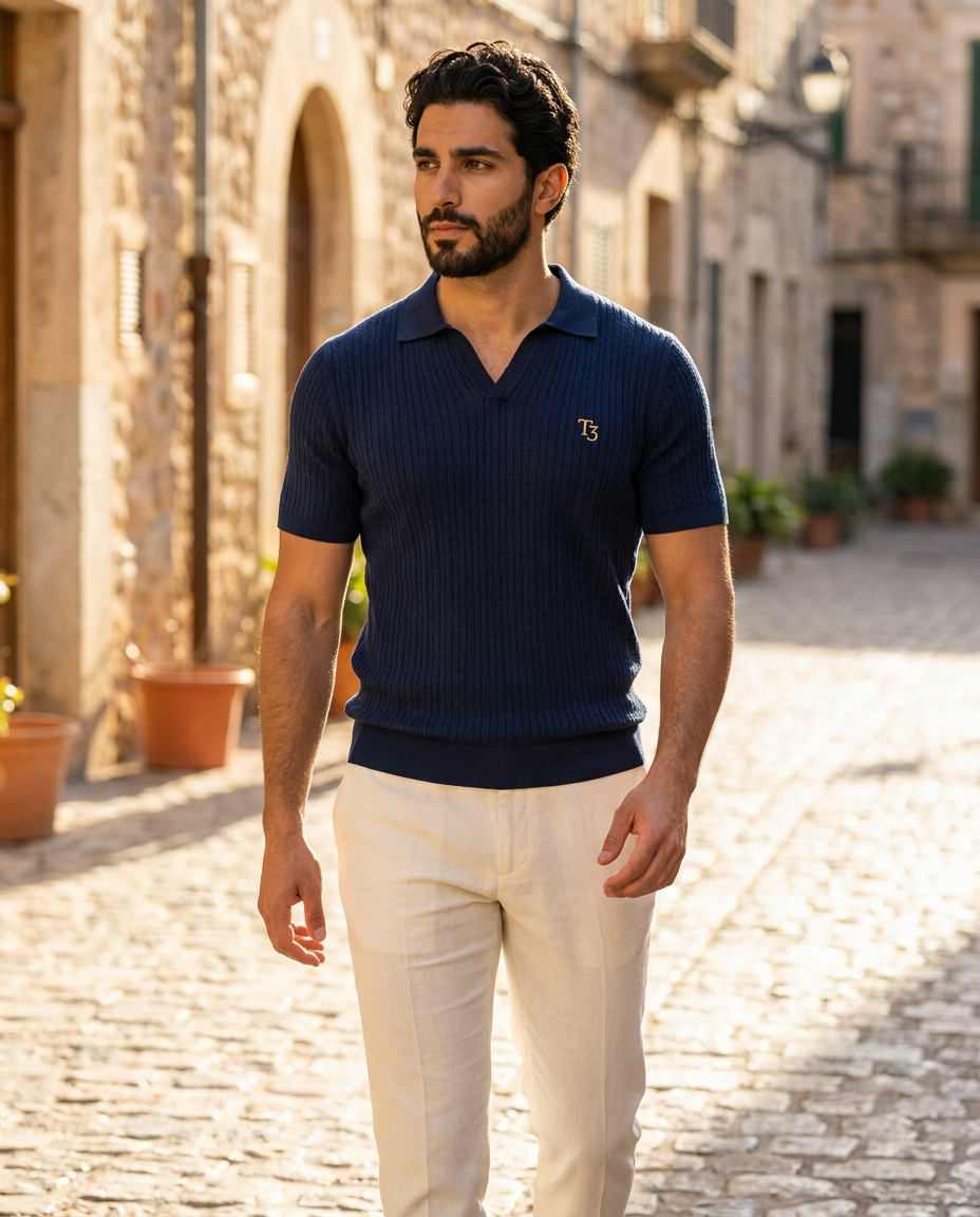 Navy polo on a Mediterranean street