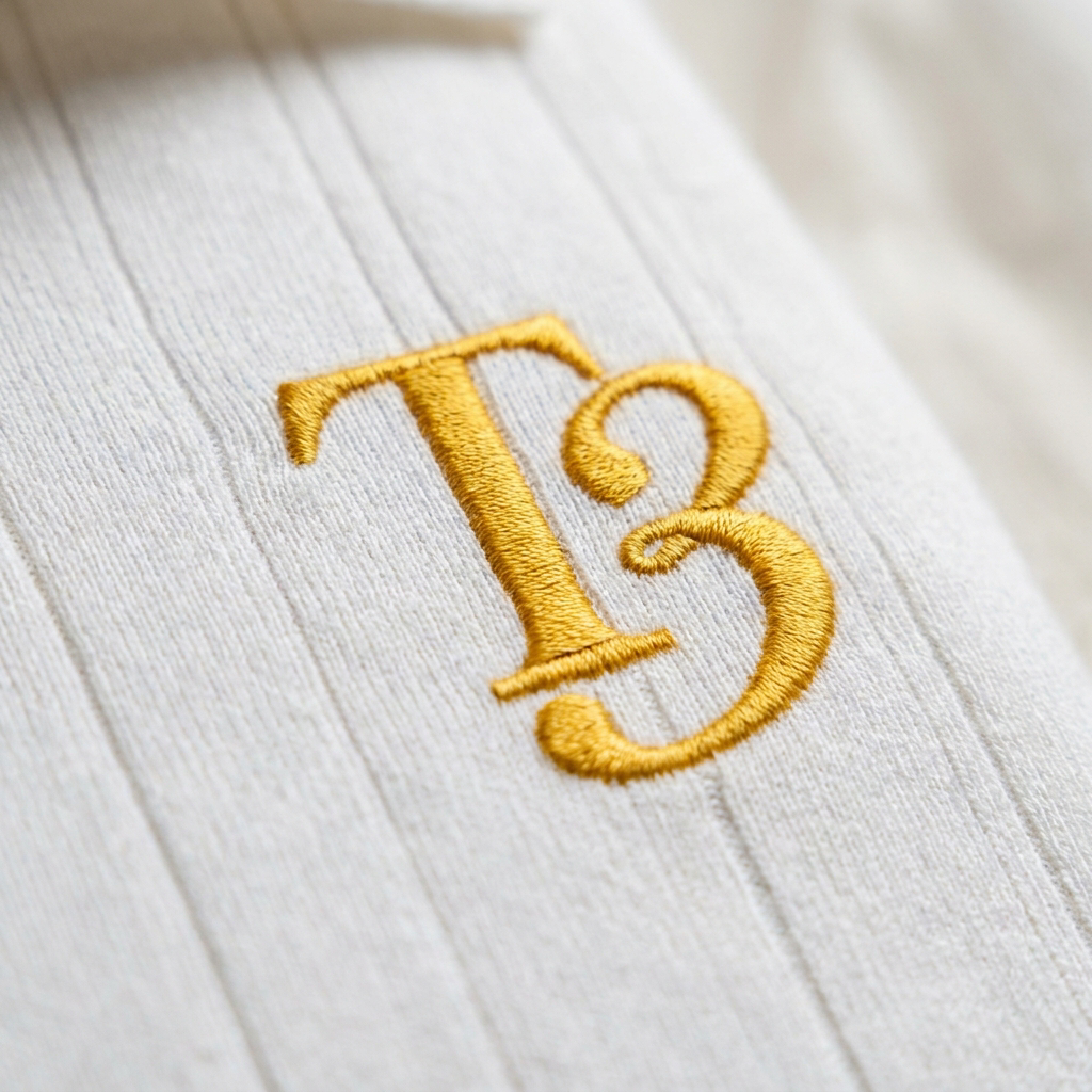 Gold embroidered T3 monogram on white ribbed knit