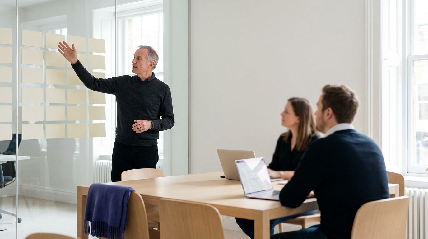 A senior digital lead explaining a prioritised roadmap arranged as ordered cards on a glass wall