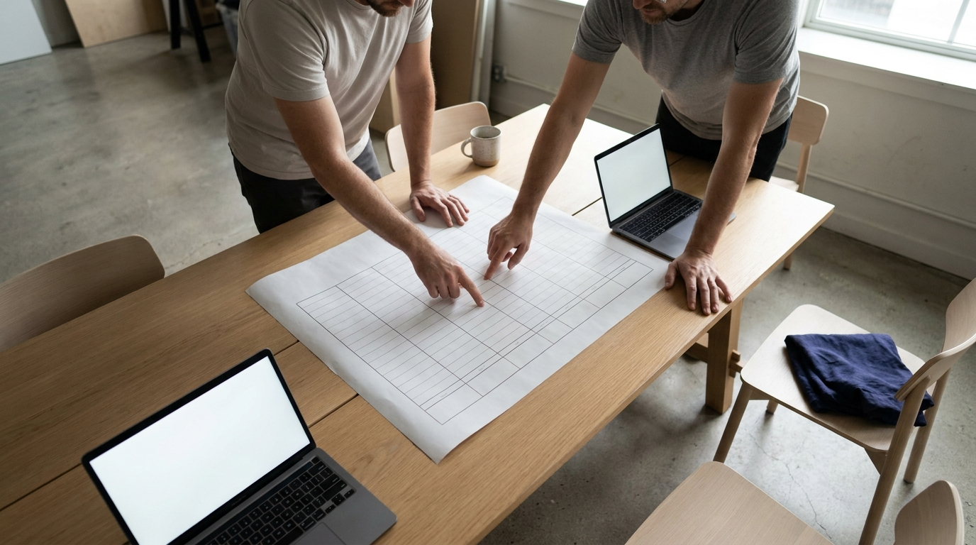 Two people working over a large printed planning sheet on a light oak table