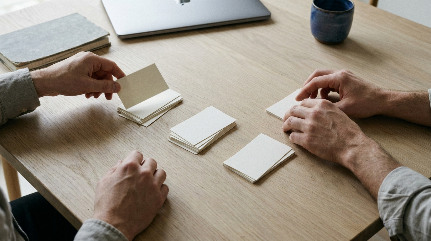 Hands sorting cards into three separate groups on a pale oak table during a prioritisation session