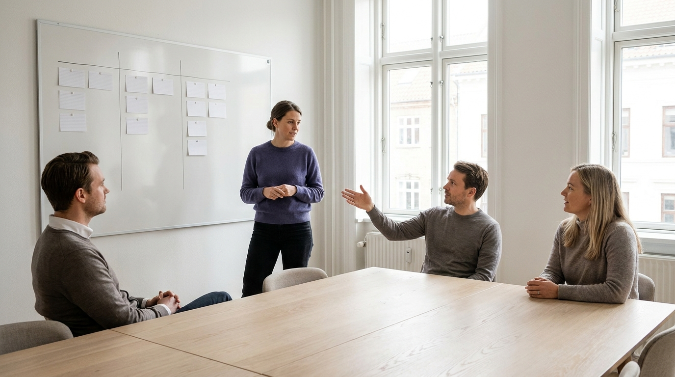 A leadership group in a bright office, one person at a whiteboard where cards are arranged into three prioritisation columns