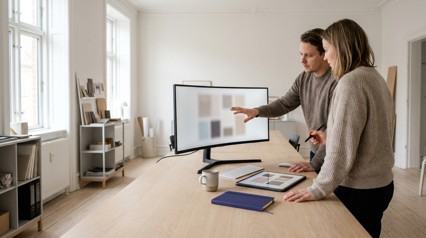 Two colleagues reviewing an e-commerce product page on a desktop monitor with a tablet showing the mobile layout beside it