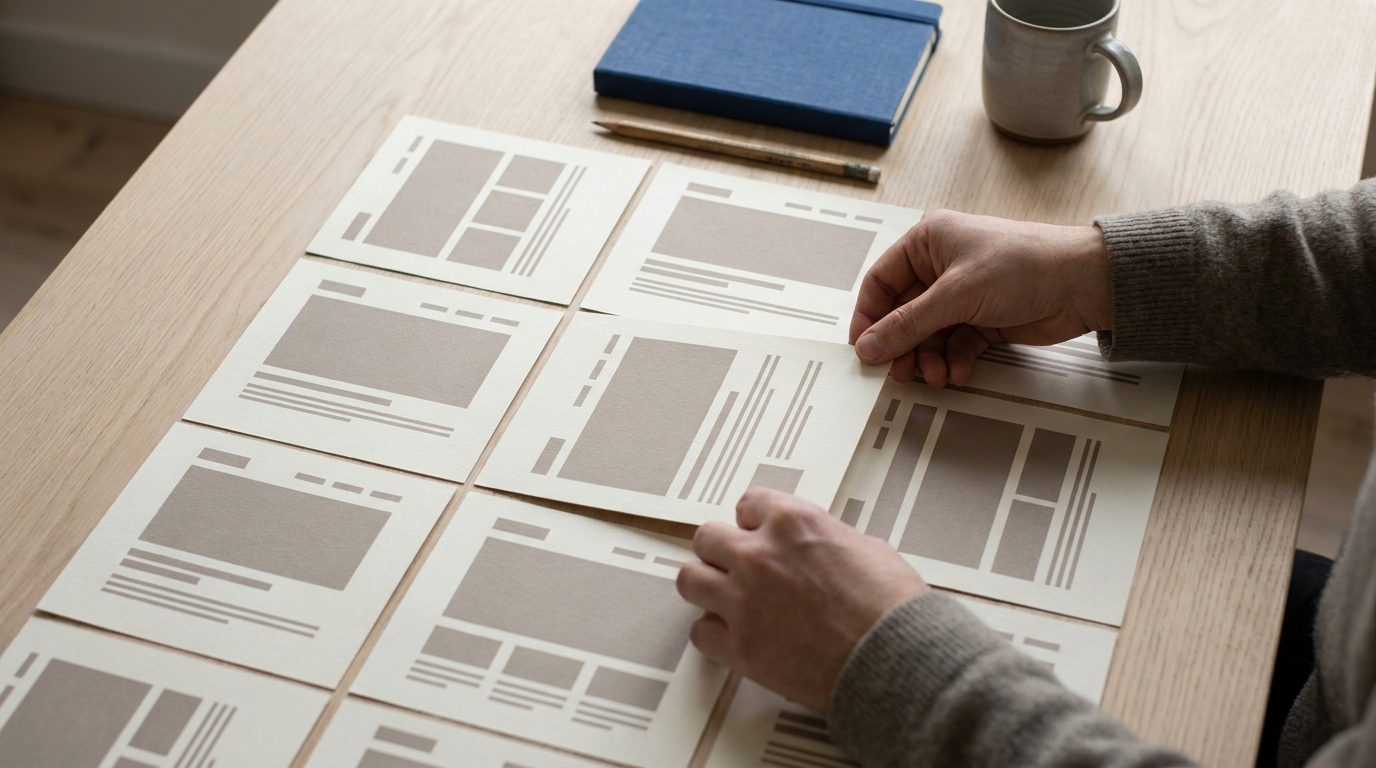 Printed page layouts arranged in a grid on a table, two hands rearranging one sheet into a new position
