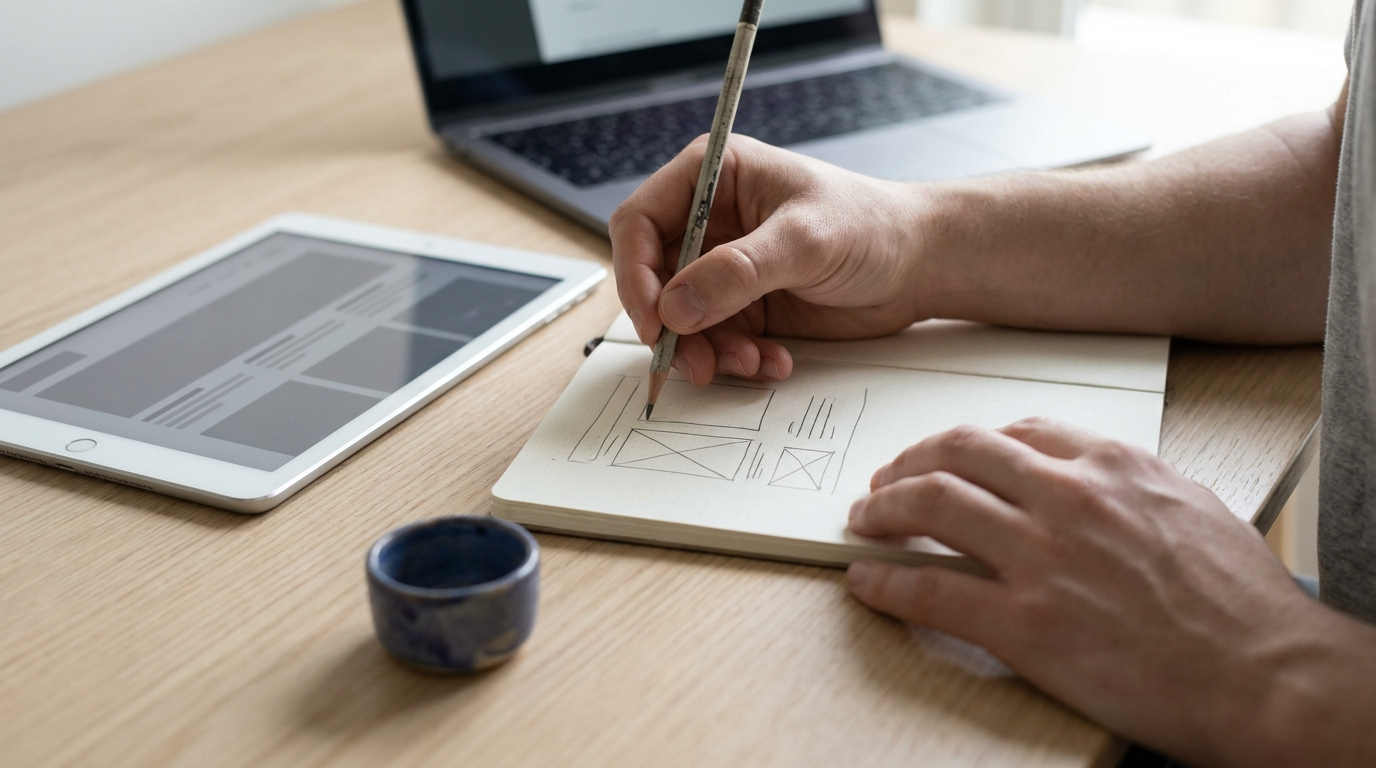 Hands sketching an interface wireframe on paper beside a tablet showing a matching block layout
