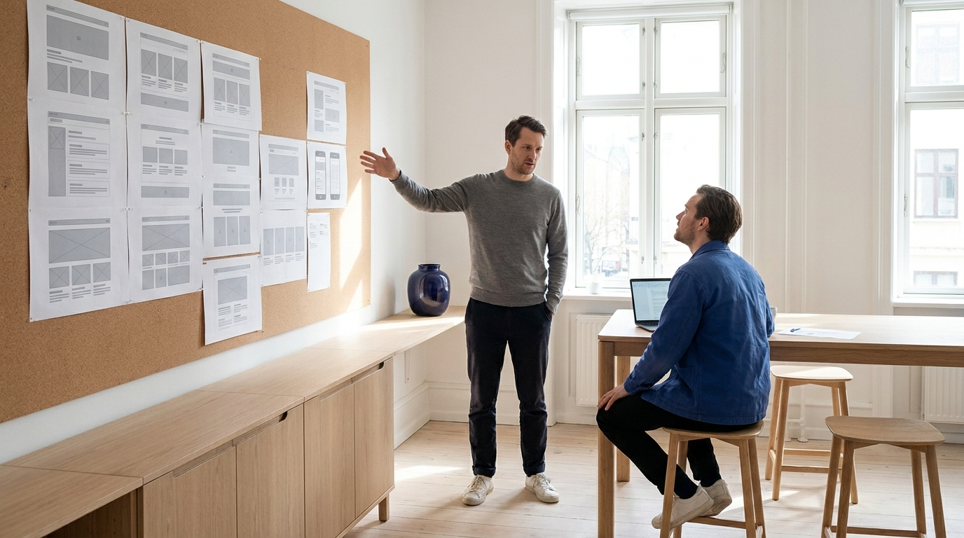A designer at a wall of printed wireframe sheets explaining a screen layout to a seated colleague in a daylit studio