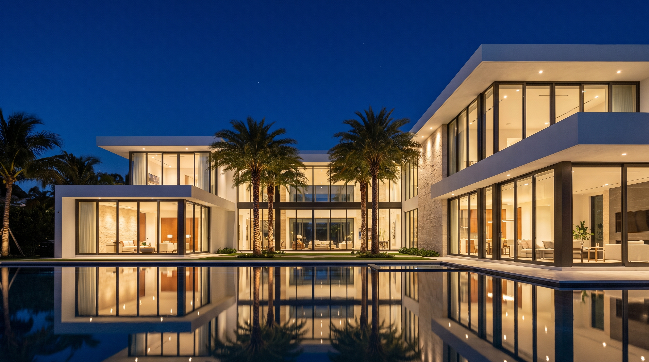 Contemporary luxury residence at dusk with floor-to-ceiling impact glass and warm interior lighting