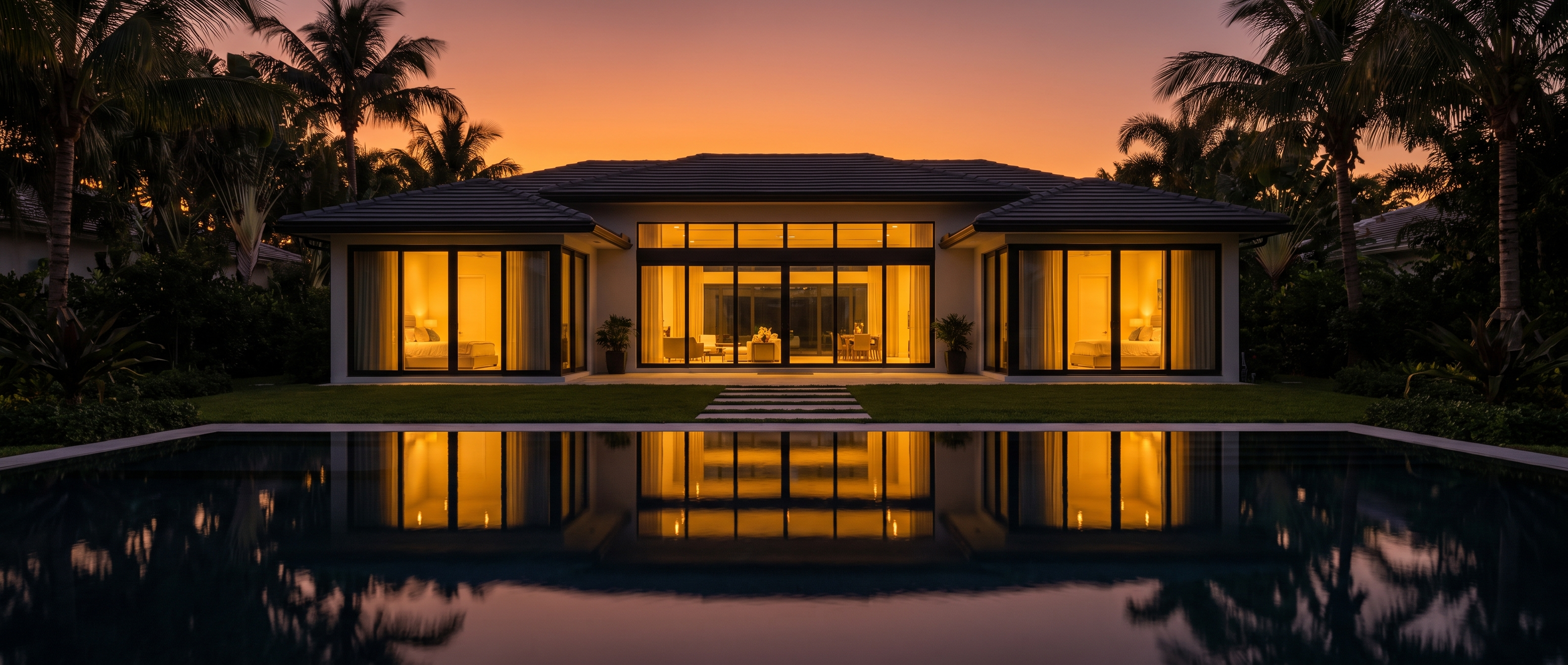 A contemporary residence at golden hour, floor-to-ceiling black-framed glass across the elevation, warm light inside and a still reflecting pool in front
