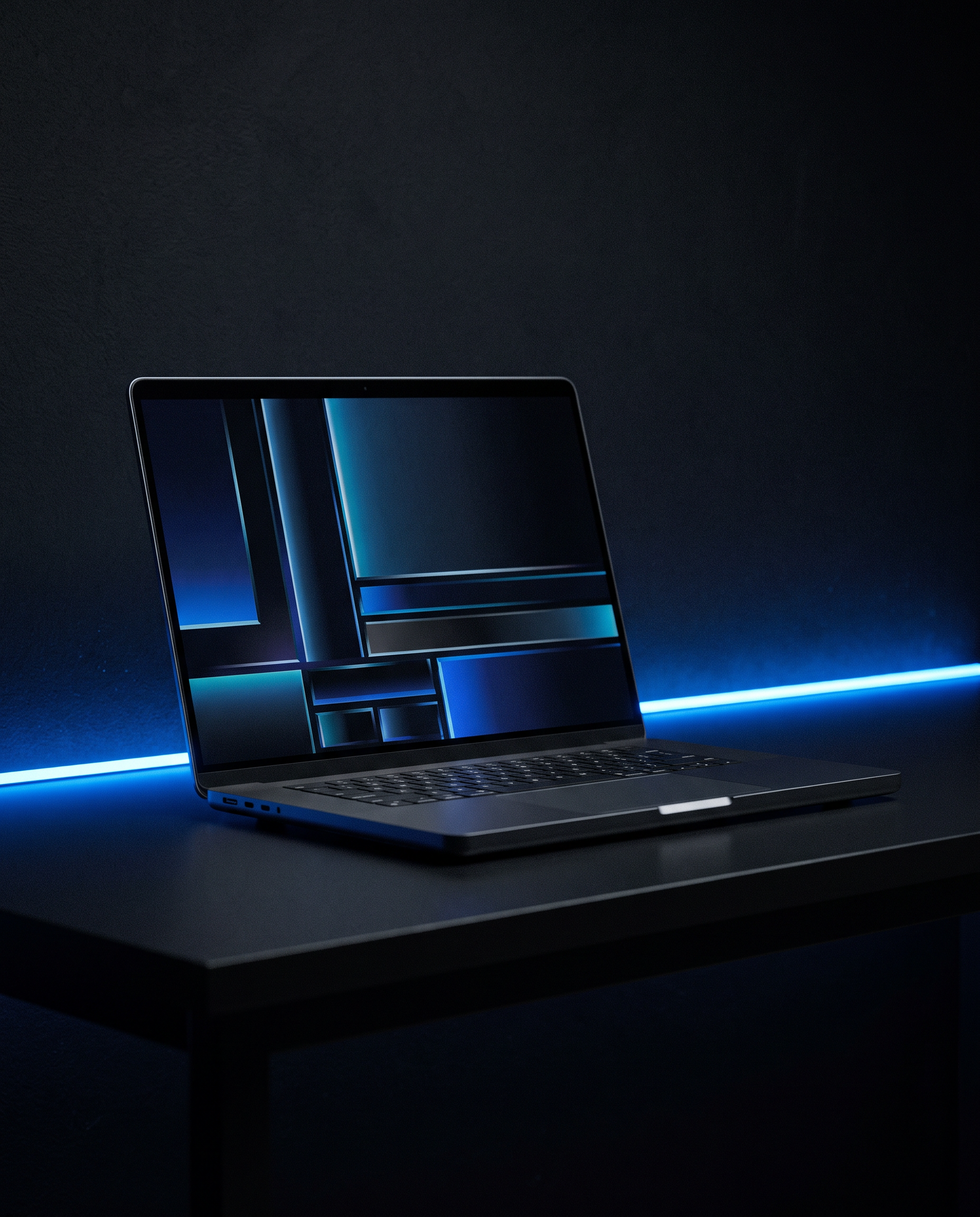 Laptop com website moderno em ambiente escuro e elegante
