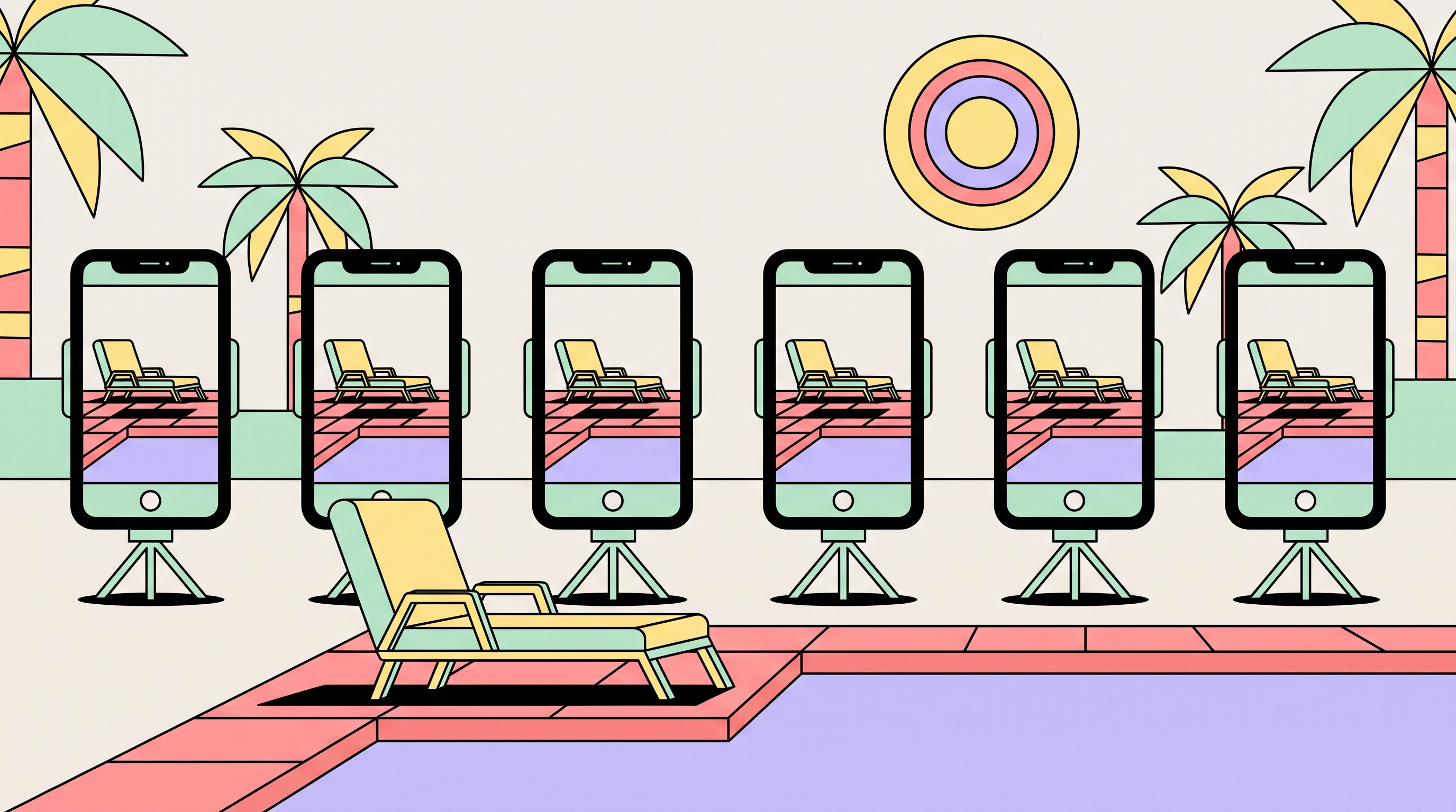 Six identical phones on tripods all filming the same empty poolside lounger